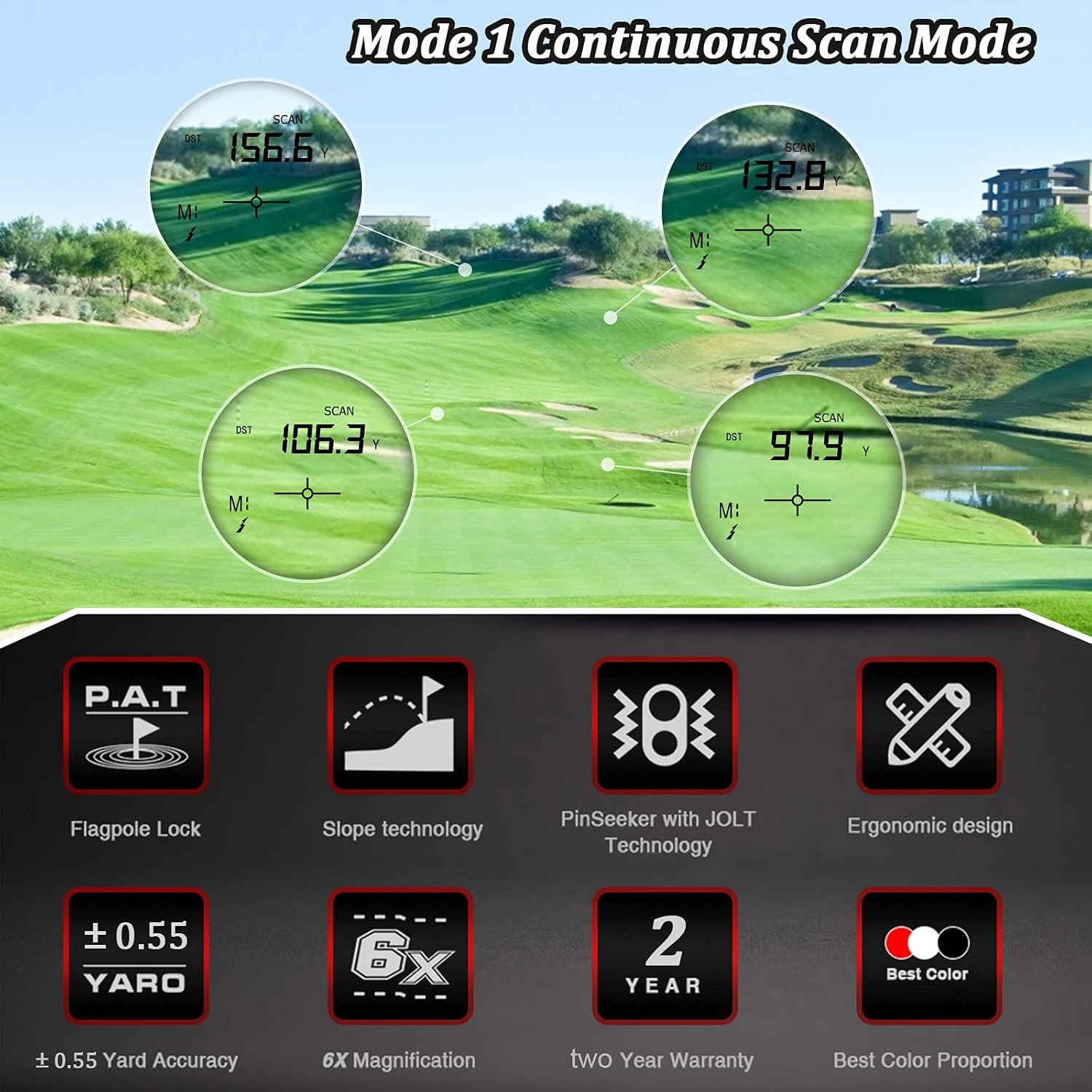 Anyork Golf Rangefinder 1500yards, 6X Laser Range Finder with Slope On/Off,Flag-Lock Tech with Vibration, Continuous Scan Support-with Battery: Camera & Photo