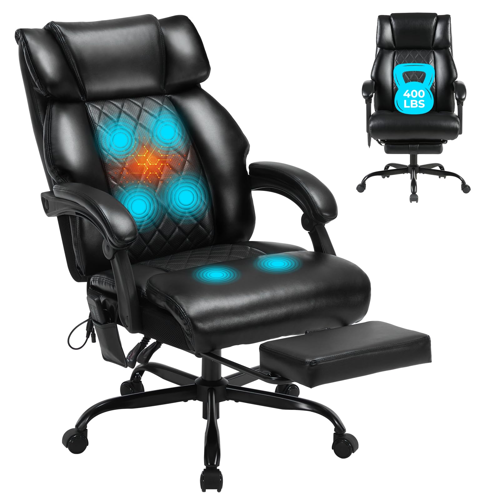 Massage Office Chair with Foot Rest and Heating, Executive Ergonomic Reclining Leather Office Chair, Big and Tall Desk Chair with Vibration Massager, Computer Gaming Chair for Home & Office Black