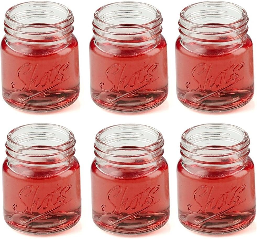 Circleware Mini Mason Jar Heavy Base Shot Glasses Set of 6 Fun Party Home Entertainment Dining Beverage Drinking Glassware Tumbler Whiskey Coffee Espresso Liquor Bar Jello Cups, Script, 4.9 oz