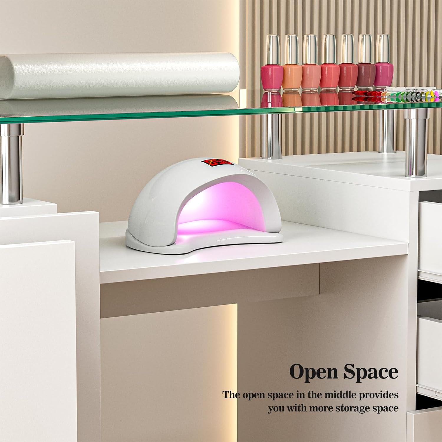 Paddie Manicure Table Nail Tech Table, Glass Top Nail Desk Station for Nail Tech w/Shelves & Wrist Cushion, Acetone Resistant Beauty Salon Workstation w/Lockable Wheels(White)