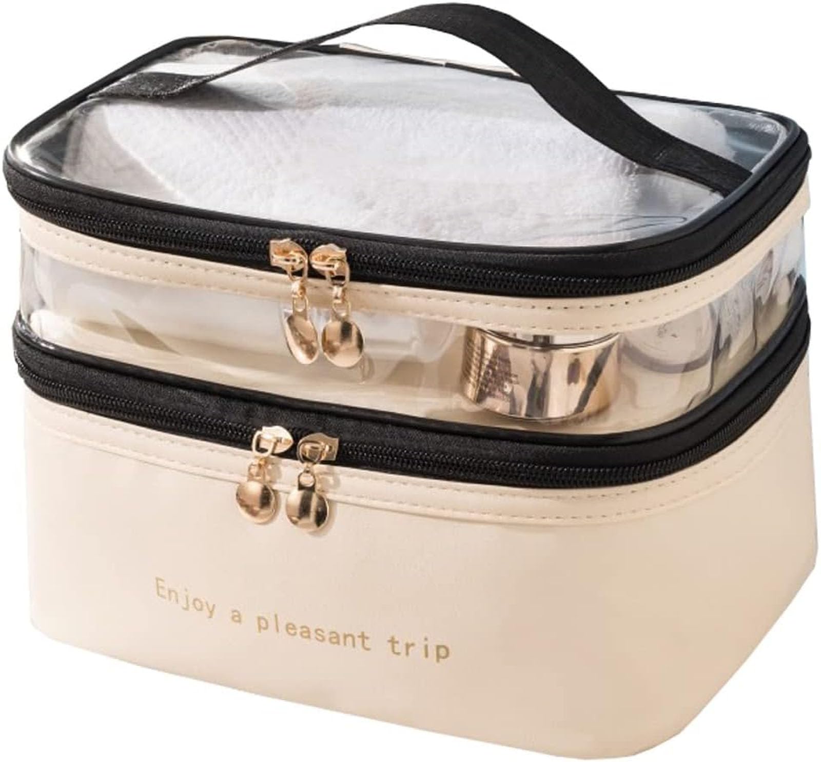 RayyanTravel Toiletry Kit Bags Makeup Bag Leather Cosmetic Bag Double Layer Makeup Case Travel Essentials Waterproof Travel Bag for Toiletries(Beige White)