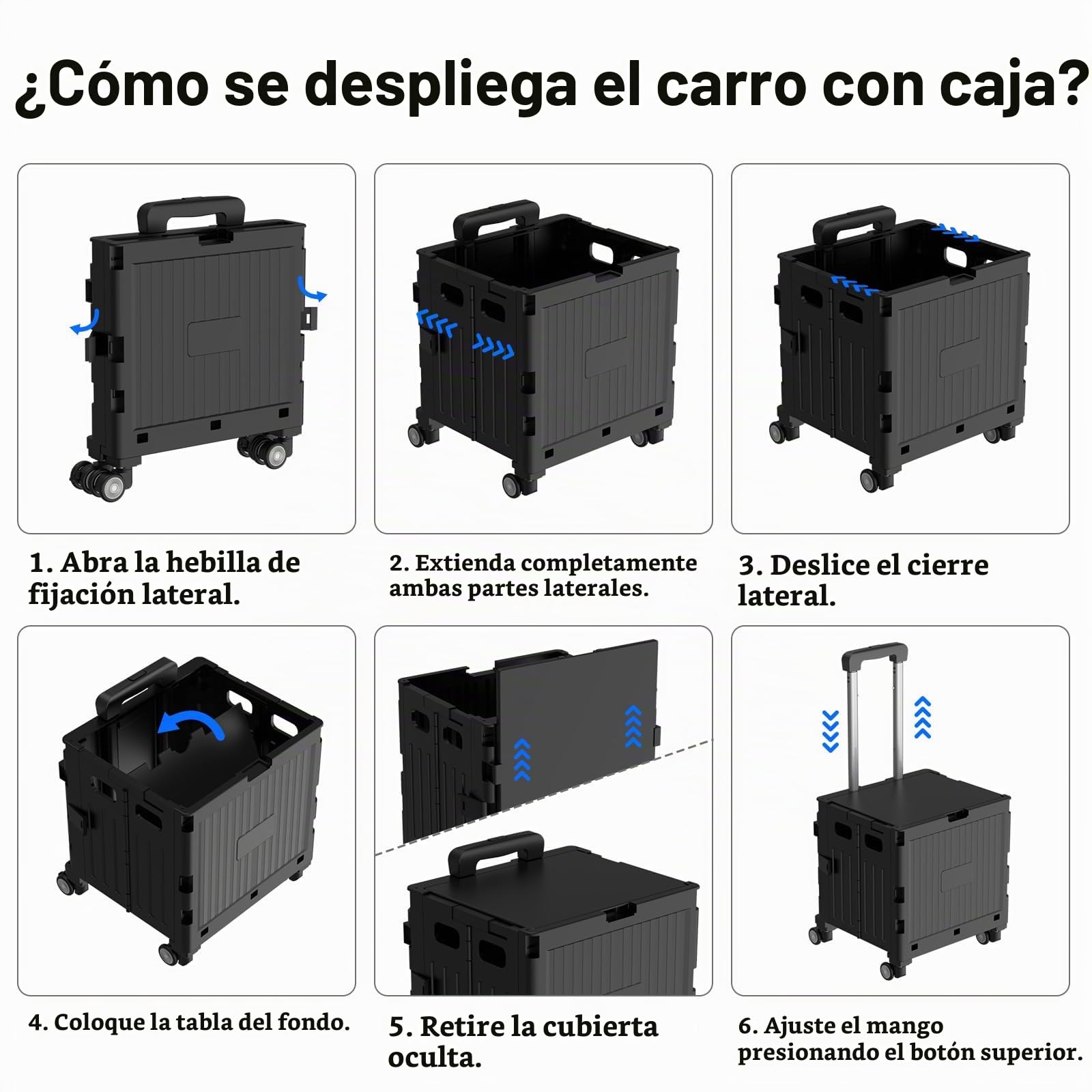 Carro de la compra plegable, carrito de la compra hasta 30 kg, caja de transporte con 4 ruedas, asa de aluminio ajustable, carrito plegable para compras, viajes, oficina (negro)