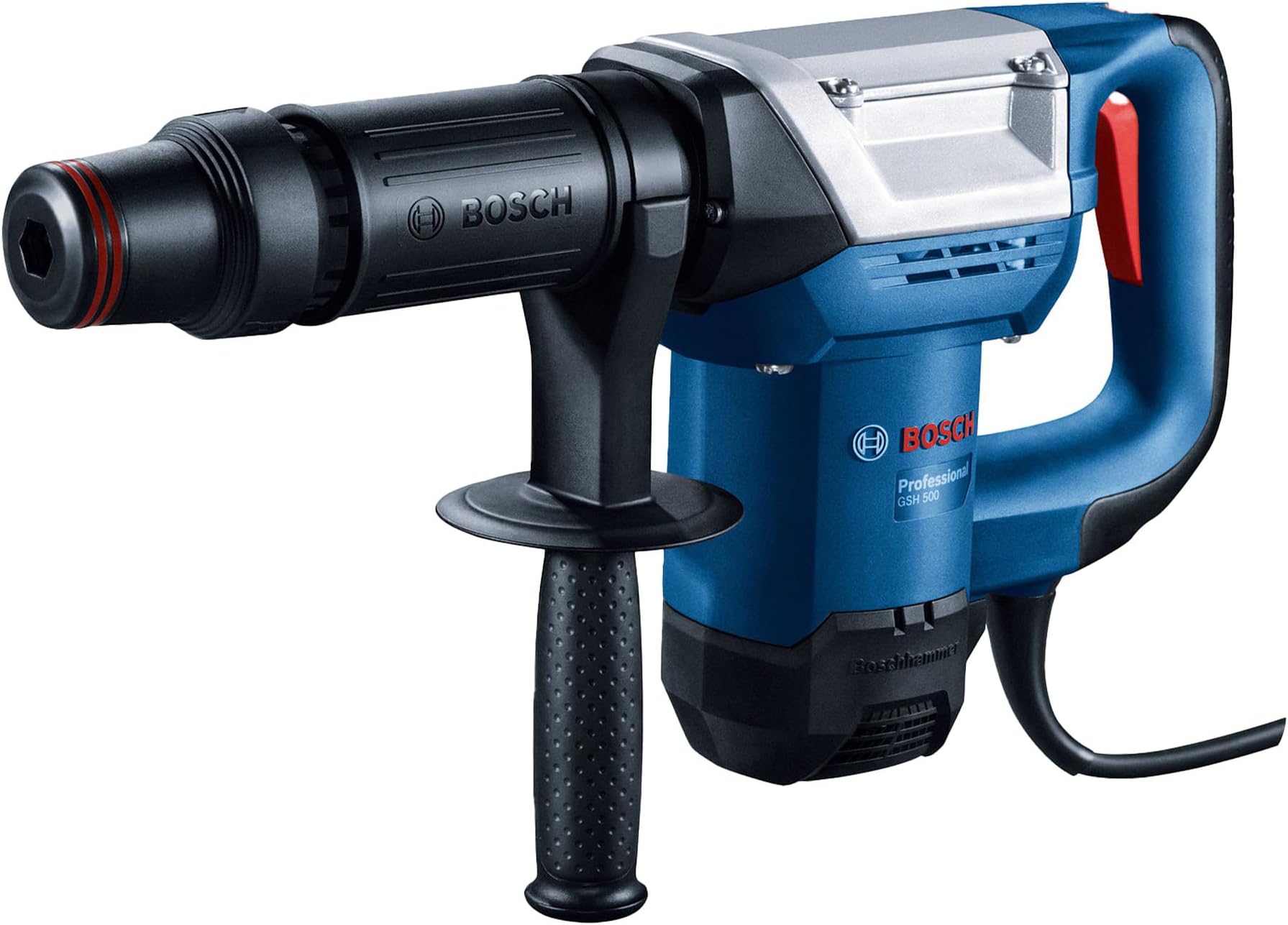 Bosch GSH 500 Corded Electric Demolition Hammer With Hex, 1,100W, 2,900 bpm, 7.8 J, 5.6 kg, Low Vibration + 1 Pointed Hex chisel, 280 mm, 17 mm shank, 280 mm& Carrying Case, 1 Year Warranty