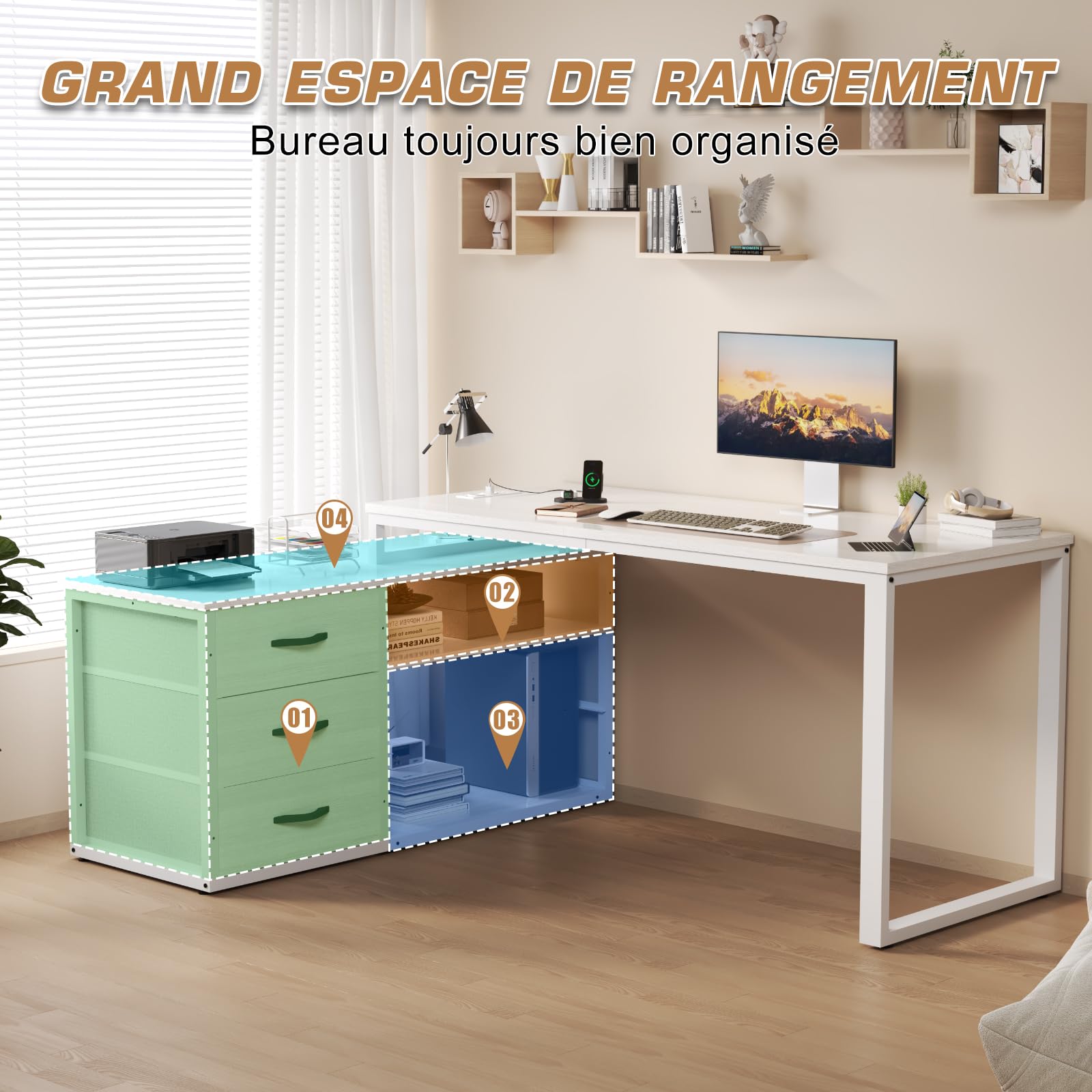 TRIUMPHKEY Bureau d'angle L 140x105cm, 3 Tiroirs & Prises USB, Blanc