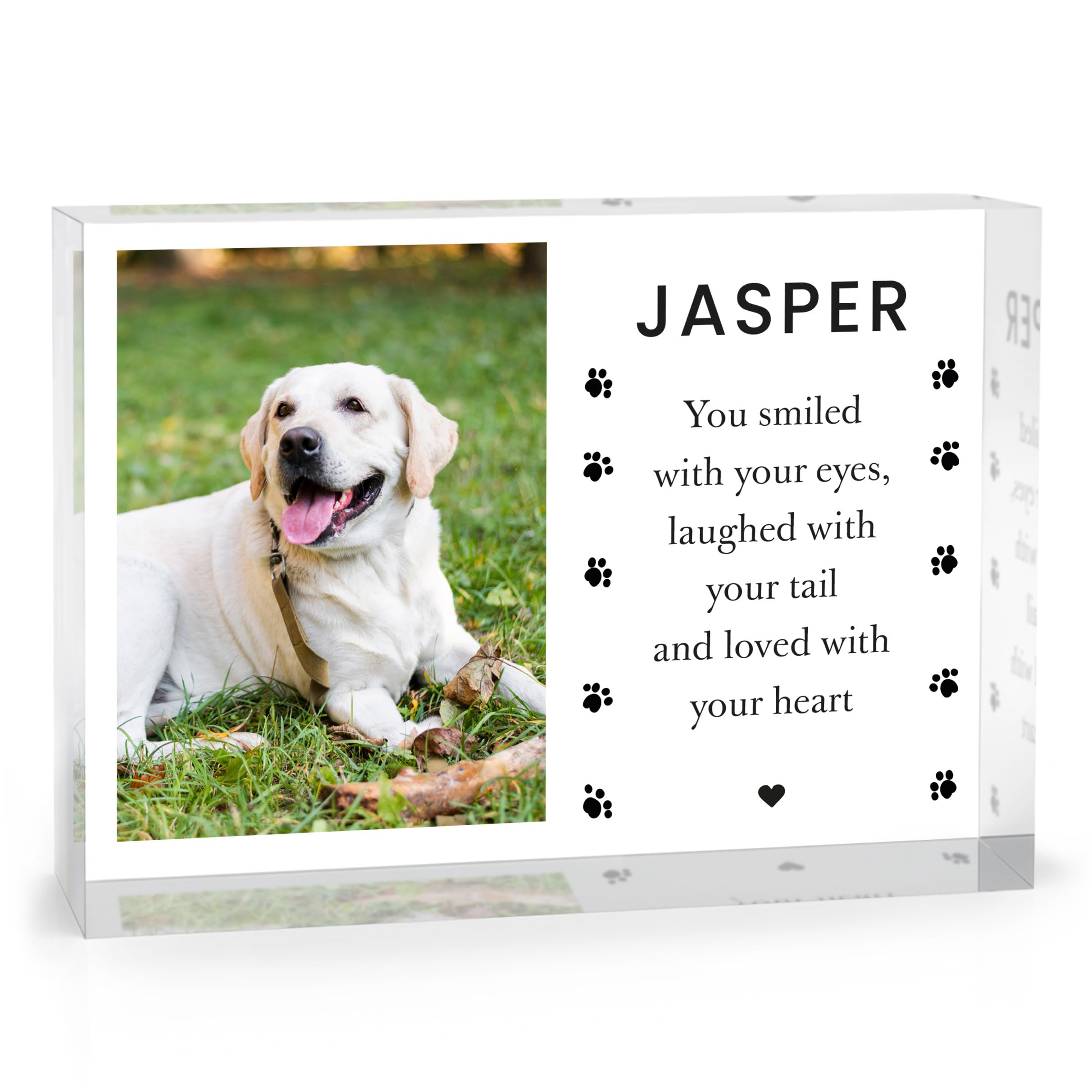Beecreative Personalised Pet Remembrance Gifts - Clear Acrylic Photo Block - Custom Loss of Dog Cat Memorial Plaque - With White Gift Bag