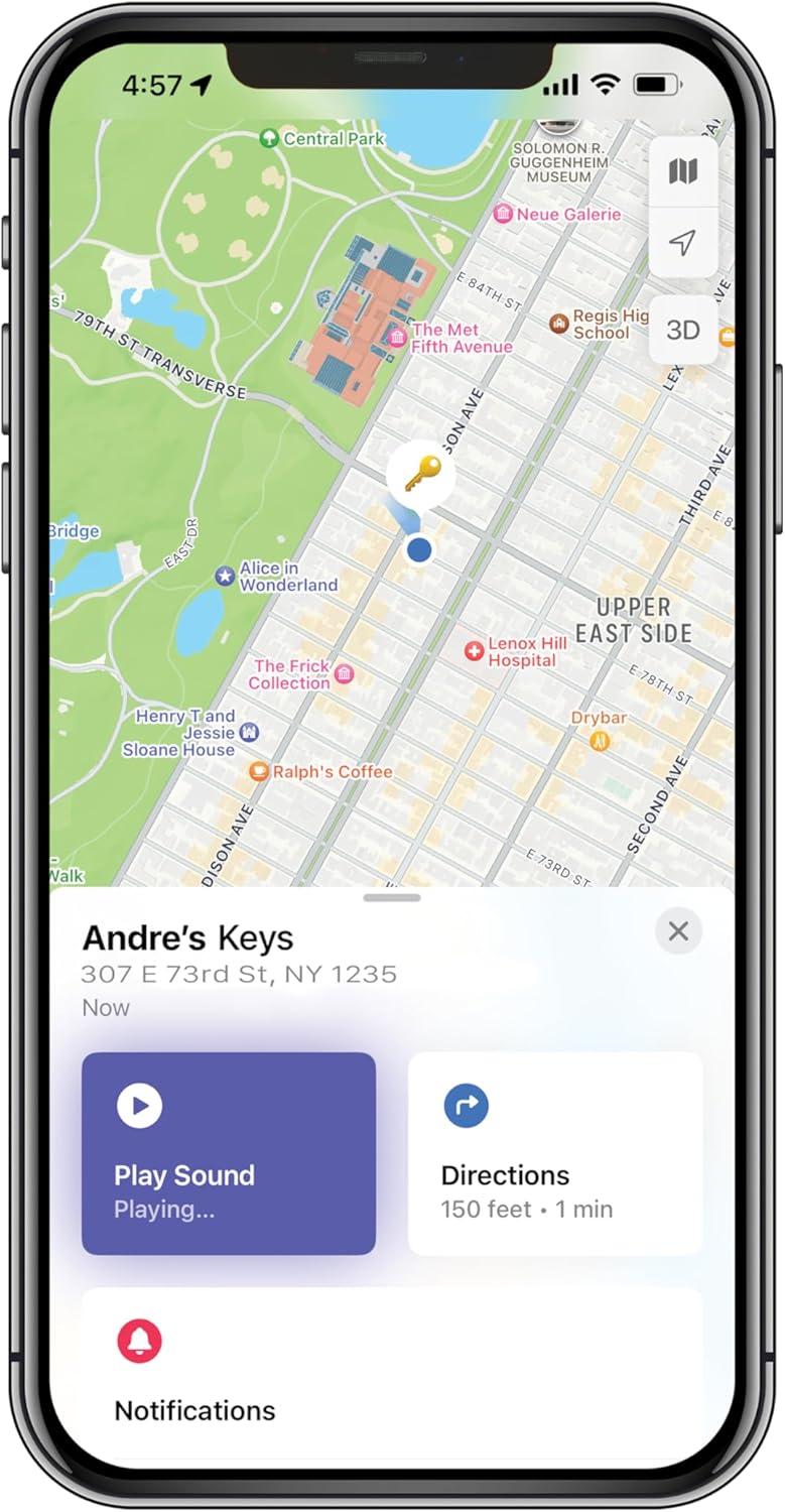 iPhone screen showing the Apple Find My app with a map and options to play sound or get directions for a tagged item