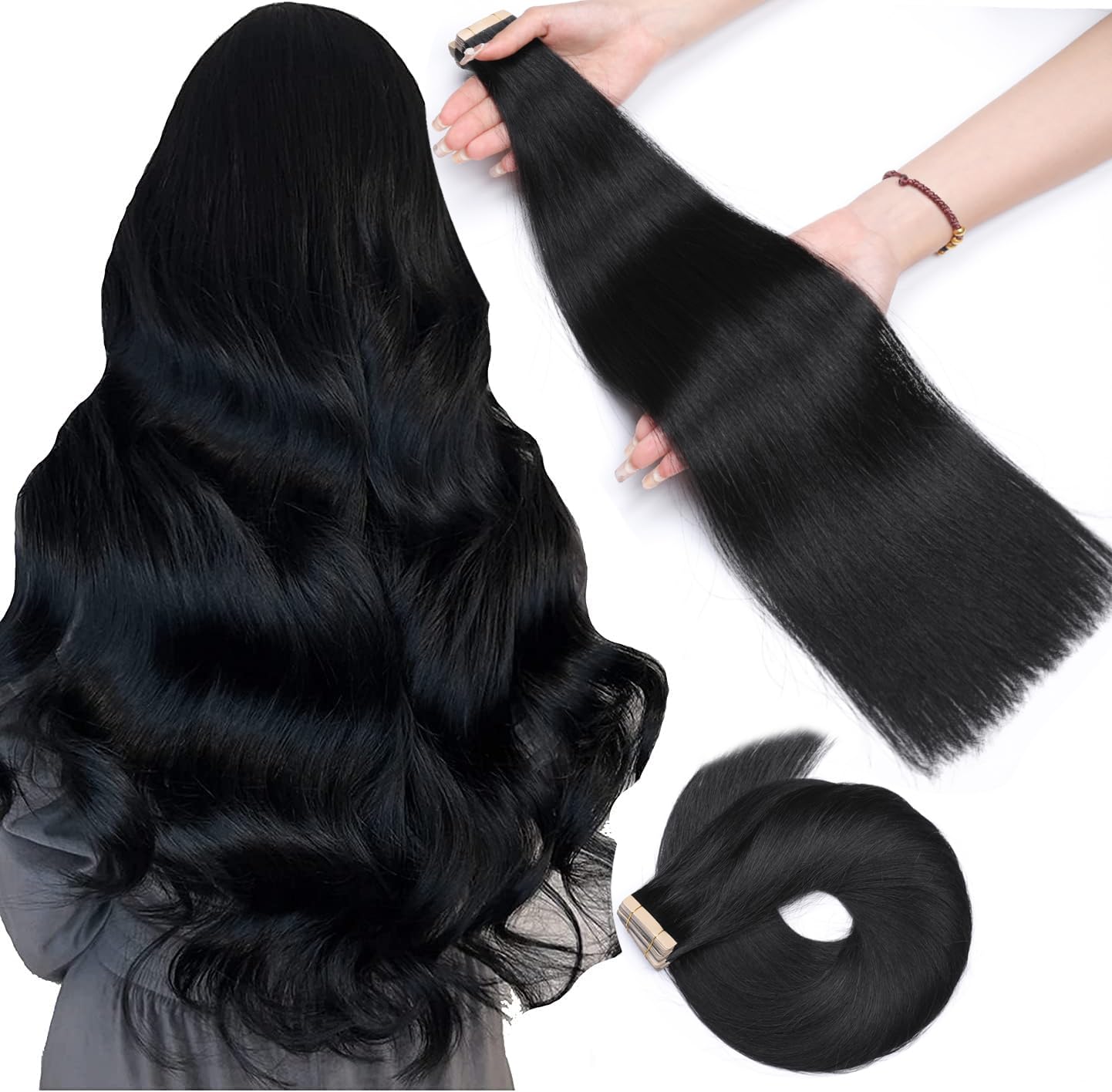 Hotlulana Extension Capelli Veri Biadesivo Nero(#1) Extension Capelli Veri 22Pollici 40pcs 55cm 100g Extension Biadesive Capelli Veri Invisible Skin Weft Tape in Hair Extensions Human Hair