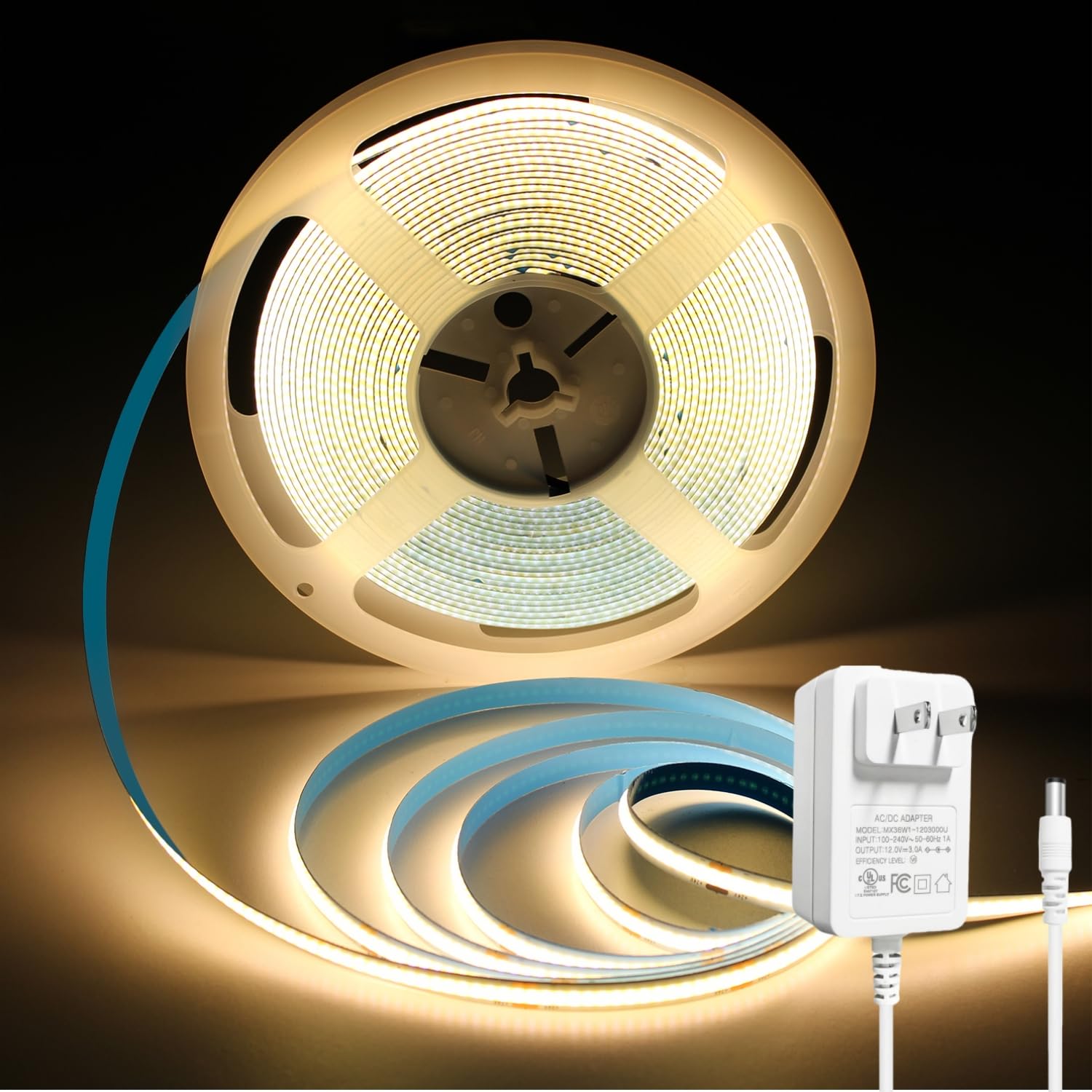 32.8FT 3000K Warm White COB LED Strip Light Dimmable (with Plug)