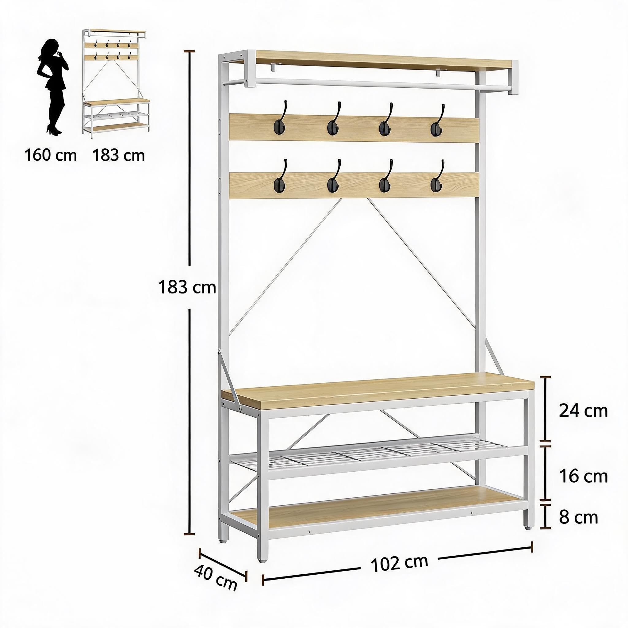 Litake Perchero de Pie 100cm con Banco y Zapatero, blanco lacado | Galán de noche para dormitorio o entrada: estructura firme, ideal para colgar abrigos y bolsos, montaje rápido