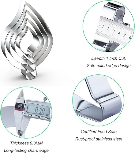 Miniatura 3 de Juego de cortadores de galletas de hoja de lágrima, tamaños surtidos grandes, 5 pulgadas, 4 pulgadas, 3 pulgadas, 2 pulgadas, 4 piezas, acero