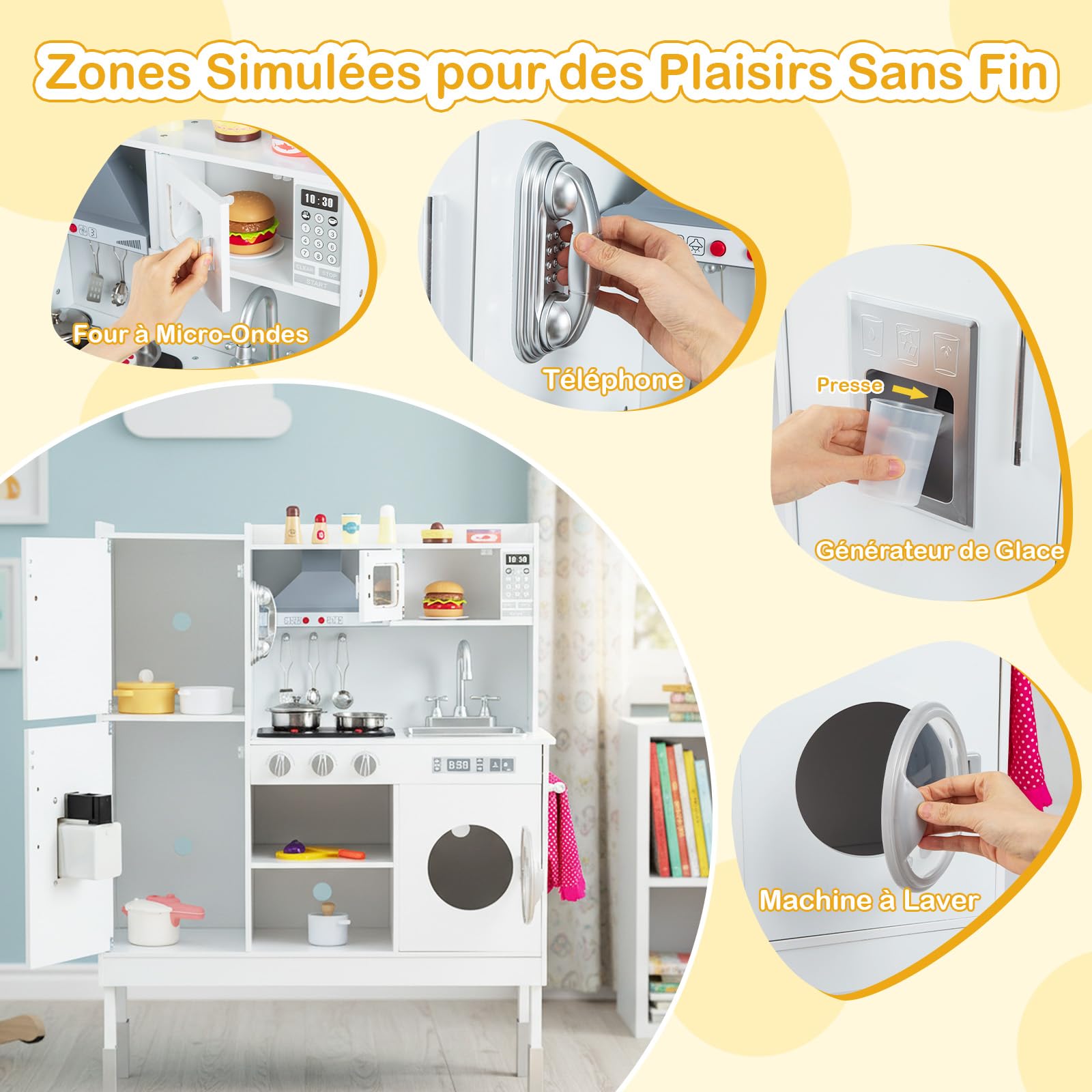 GOPLUS Cuisine Enfant, Jouet Cuisine avec Effets Lumineux et Sonores, Dinettes Réglable en Hauteur avec 16 Accessoires, Hotte, Machine à Glaçons, Téléphone, Idéal pour 3+ Ans (83x29x103cm,Blanc)