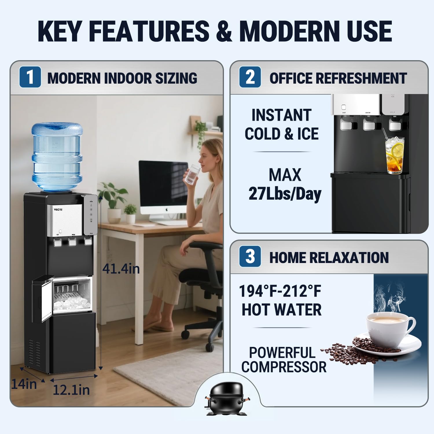 VECYS Distributore di acqua refrigerante con macchina per il ghiaccio, 12,2 kg per la produzione di ghiaccio giornaliero e acqua calda fredda, blocco di sicurezza per bambini e compatibile con