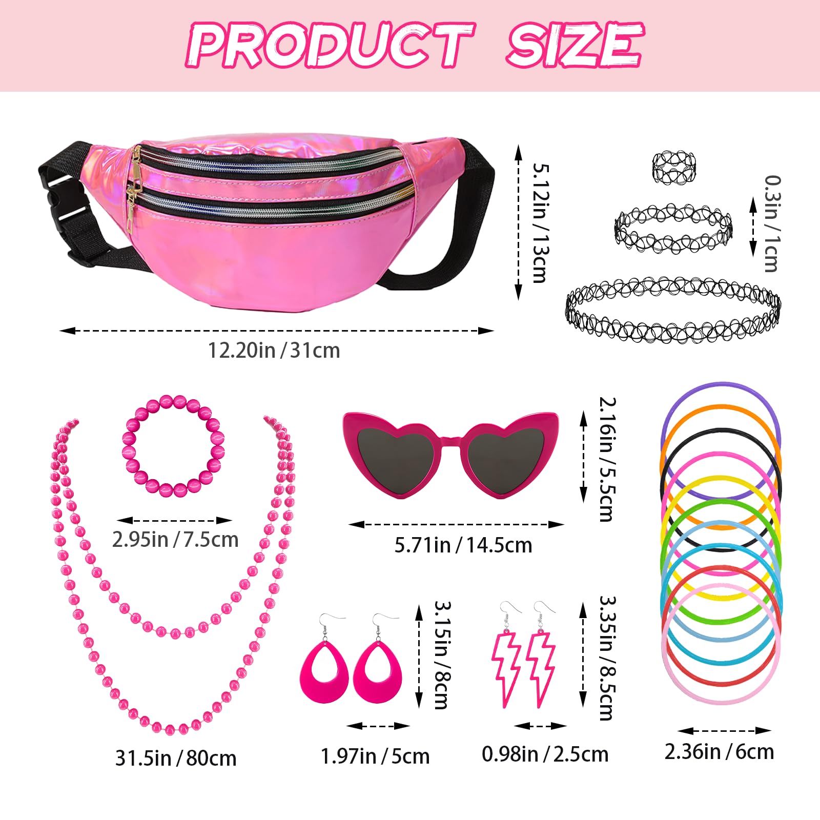 Xerteam 21 Pcs 90er Jahre Outfit Damen, 90er Jahre Accessoires 90er Retro Outfit mit Bauchtasche Damen Herzbrille Tattoo Kette Armband 80s 90s Ohrringe für Malle Accessoires Festival Party Outfit