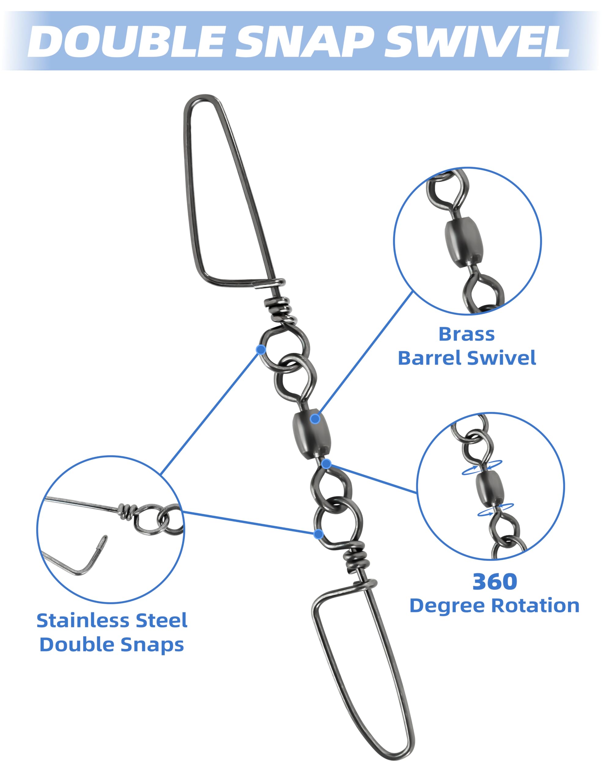 BLUEWING Doble broche giratorio de 200 libras de acero inoxidable Coastlock Snaps de pesca giratorios de alta resistencia para agua salada barril giratorio conector de aparejos de pesca, 10 piezas