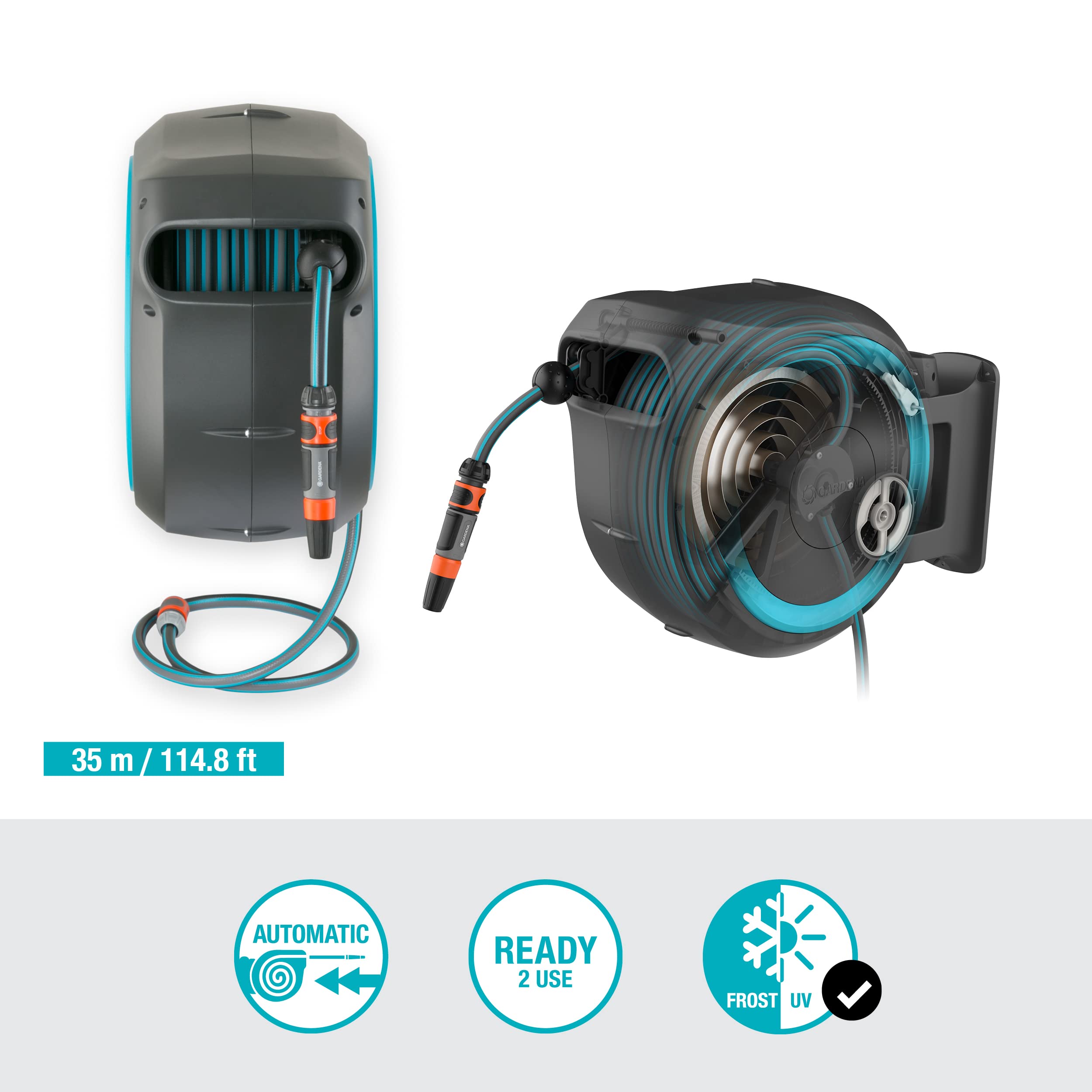 GARDENA Devidoir automatique mural RollUp XL liseret bleu - Longueur 35m - O13mm - Kit complet - Garantie 5 ans 18630-20