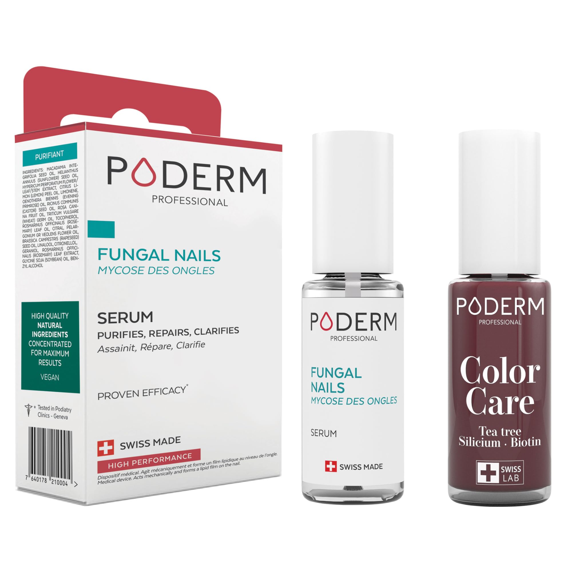 PODERM - 2 PRODUCTOS | MICOSIS DE LA UÑA TRATAMIENTO 2en1 | Esmalte de uñas Rojo Negro | BIO | TRATA Y DA COLOR | Tratamiento profesional Pies/Manos | Fácil y rápido | Fabricado en Suiza