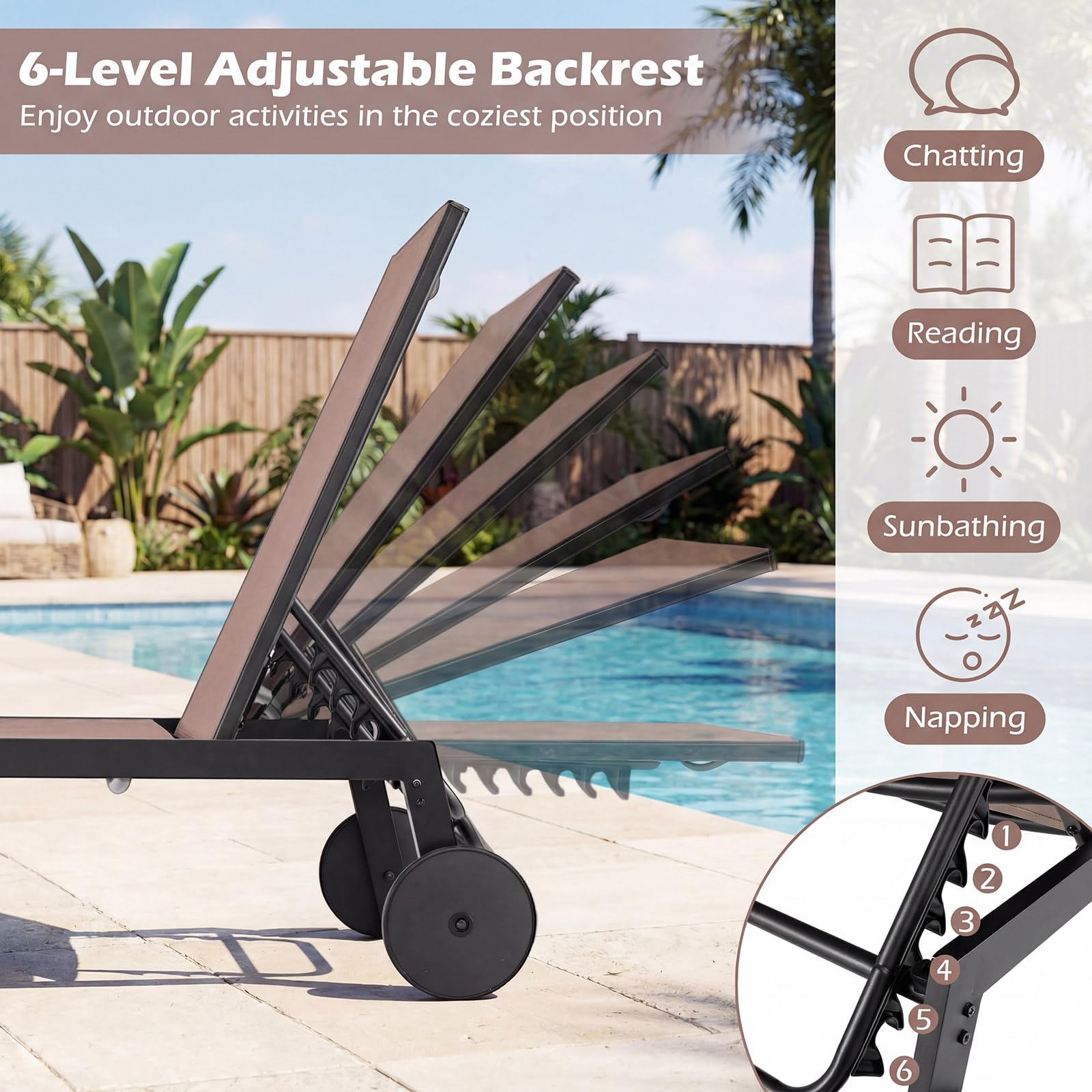 GIANTEX Juego de 1/2 Tumbonas de Jardín con Ruedas, Silla Reclinable de Metal con Respaldo Ajustable en 6 Posiciones, Tejido Transpirable, Tumbona para Piscina, Playa, Balcón (1, Marrón)