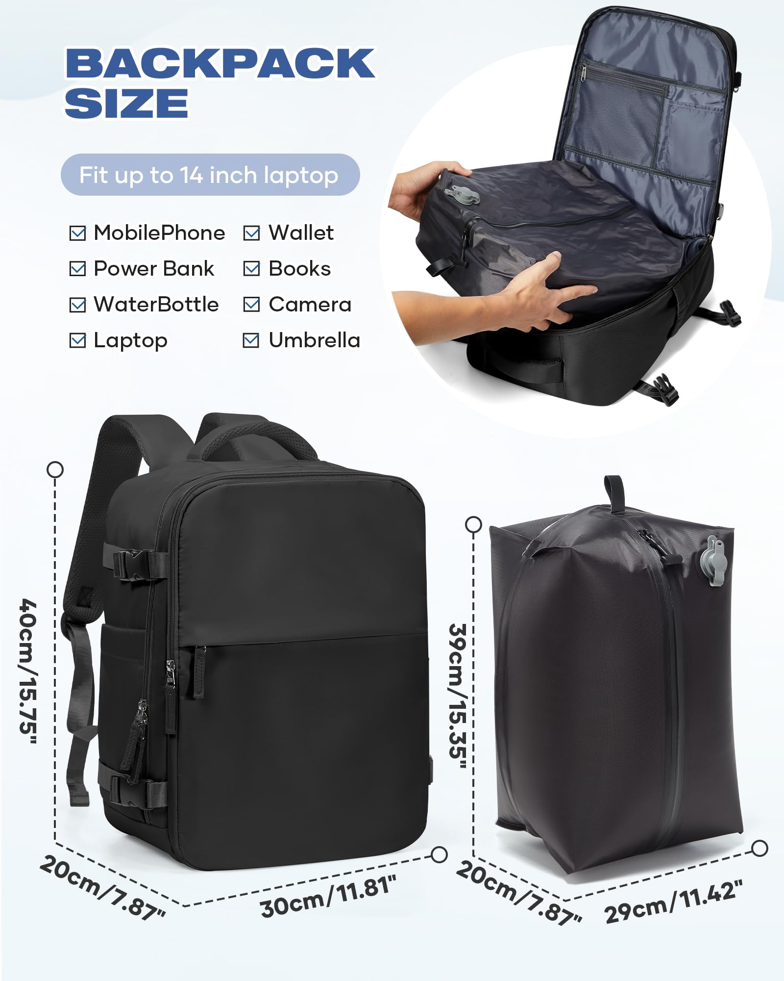 SZLX Sac à Dos Voyage Babine Sous Vide avec Pompe 40x30x20 Bagage Cabine 40x20x25 Sous Vide pour Ryanair Wizz air Easyjet Bagage à Main Femme Homme avec Compartiment Chaussures,Valise Sous Vide