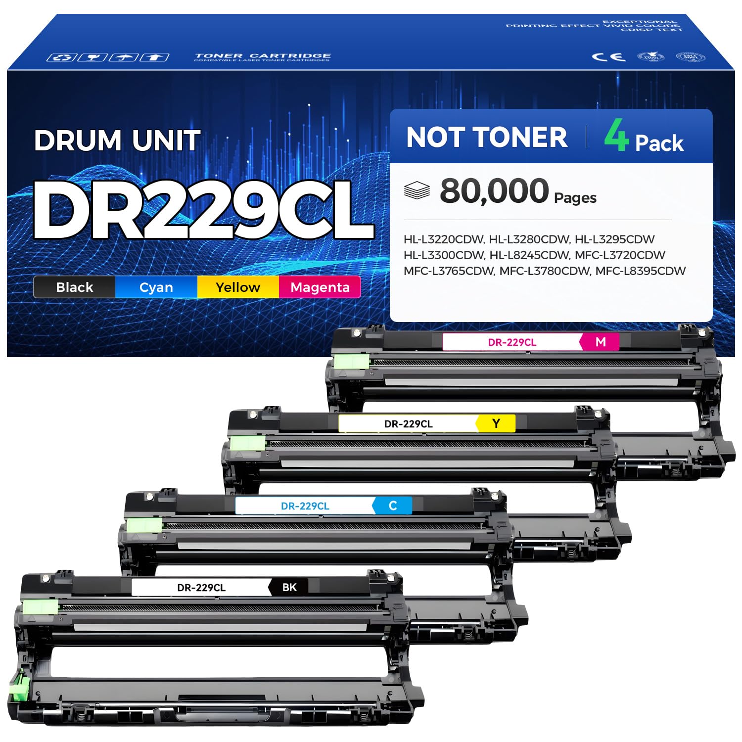 DR229CL Drum Unit Not Toner 4-Pack Set Printer Replacement Compatible for Brother DR-229CL Imaging Drum MFC-L3720CDW MFC-L3780CDW HL-L3220CDW HL-L3280CDW HL-L3300CDW HL-L3295CDW L8245CDW MFC-L8395CDW