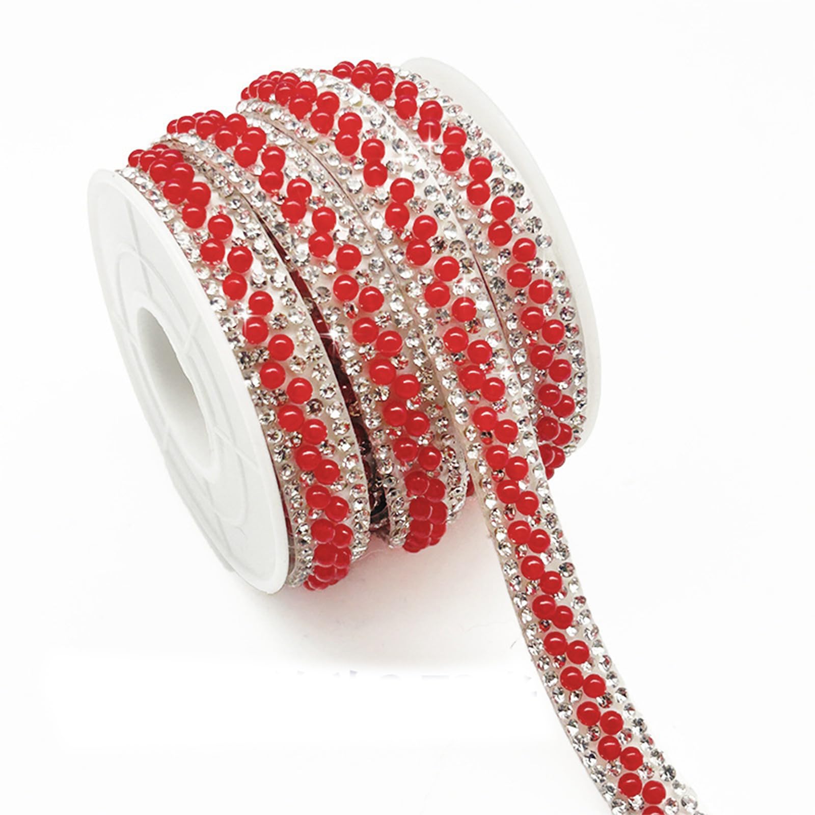 3 Yard Glass Rhinestone Diamond Ribbons Self Adhesive Red Pearl Rhinestone Strips,Bling Stickers Wrap Crystal Roll for Glitter Clothes,1CM