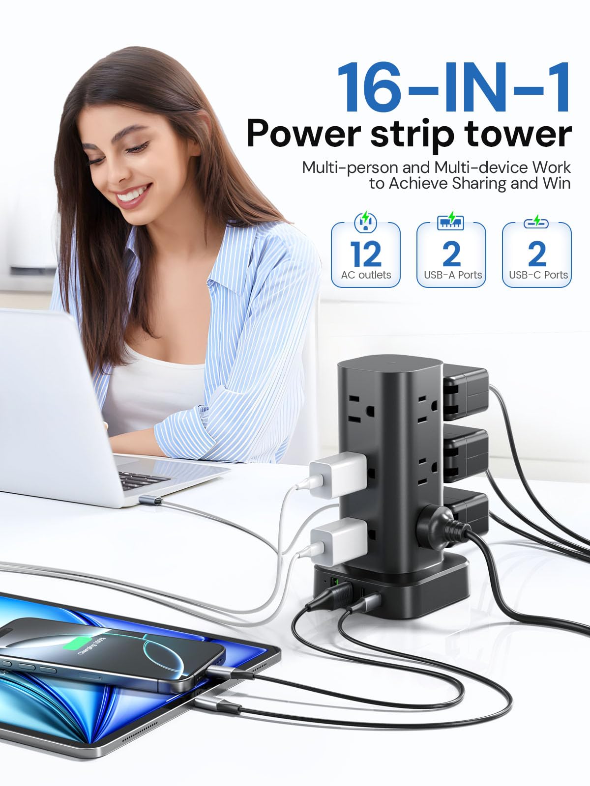 Tira de alimentación de torre con protector de sobretensión, 12 salidas de CA y 4 puertos USB (2 USB-C), cable de extensión de 6 pies, torre de estación de carga para hogar, oficina, recámara, viaje