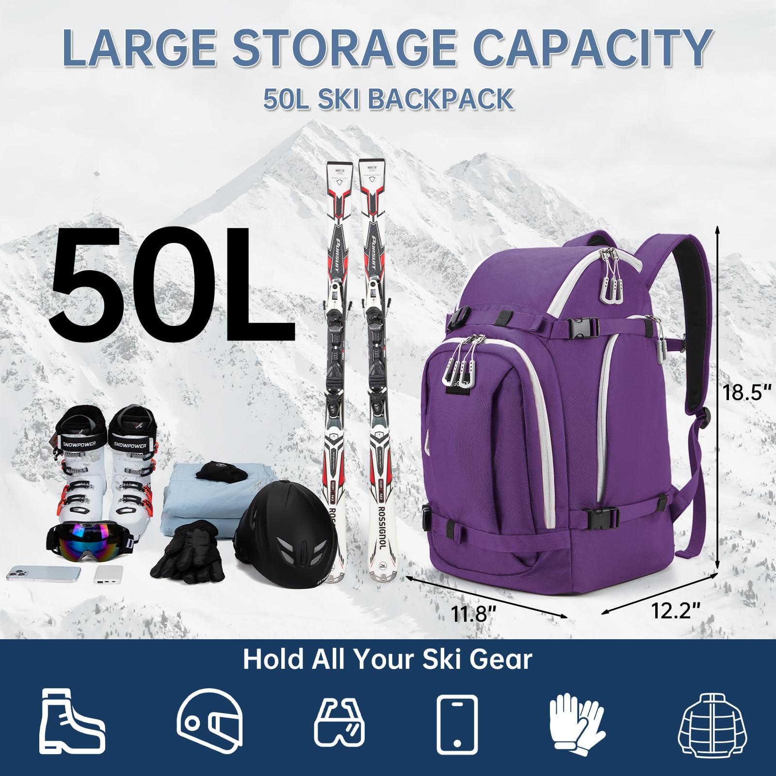 MIGGEEY Borsa per scarponi da sci con scomparto per casco e scomparto per stivali [50 l], zaino da sci con tasca per casco, borsa da sci con funzione di tracolla e spazio per accessori da sci