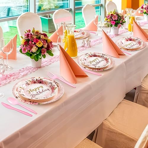 Miniatura 7 de Roshtia 175 piezas de suministros florales para fiesta, sirven a 25 invitados, juegos de vajilla de rosa de feliz cumpleaños para adultos y mujeres,