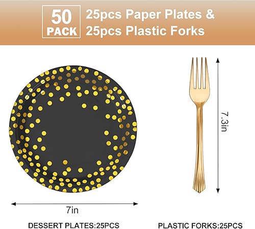 Miniatura 2 de Juego de platos y tenedores de papel negro y dorado, 25 platos de postre desechables de 7 pulgadas y 25 tenedores de plástico de 7.3 pulgadas,
