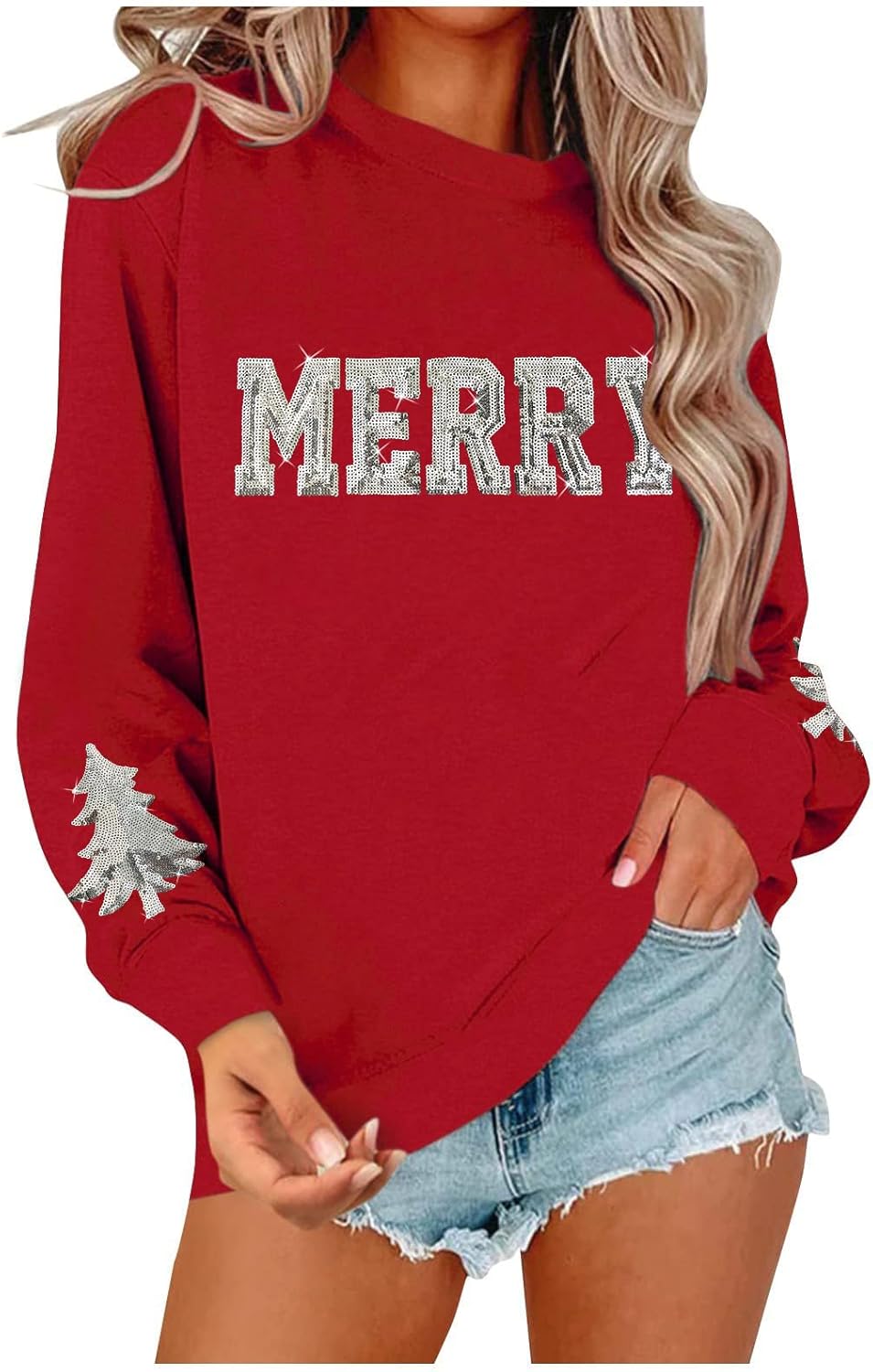 Christmas Sweatshirt Women Sequin Merry Christmas Long Sleeve Shirt Holiday Crew Neck Pullover Tops