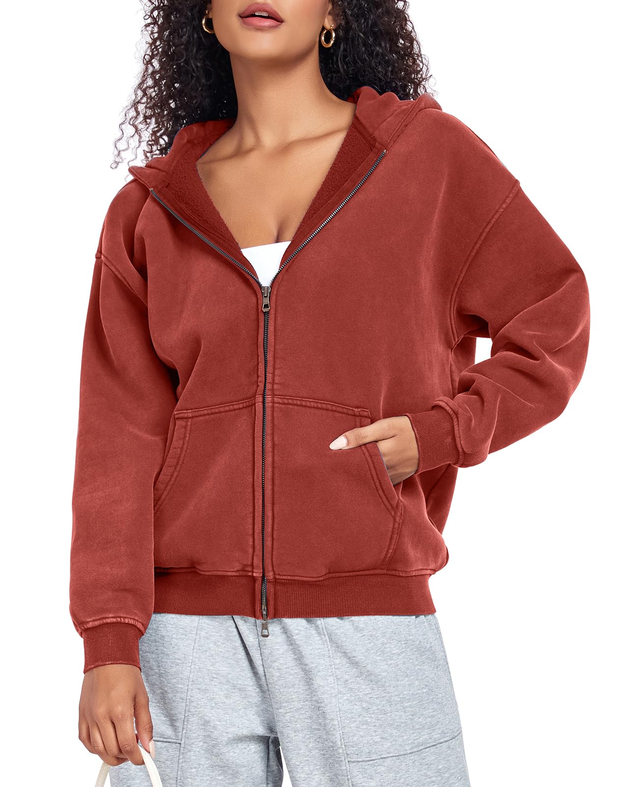 HOUZONIY Hoodie Damen Sweatjacke Kapuzenjacke Oversize Reißverschluss Fleece Sweatshirt Einfarbig Herbst Jacken Y2k Kapuzenpullover