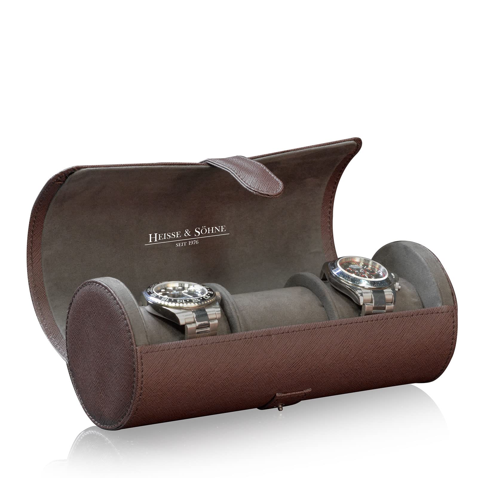 HEISSE & SÖHNE SEIT 1976 - Uhrenrolle 3 Uhren braun. Elegante Uhrenbox, Uhrenetui, Uhren Aufbewahrungsbox für Männer. Hochwertiges Reiseetui zur Uhrenaufbewahrung. Rondo das Uhren Reiseetui,