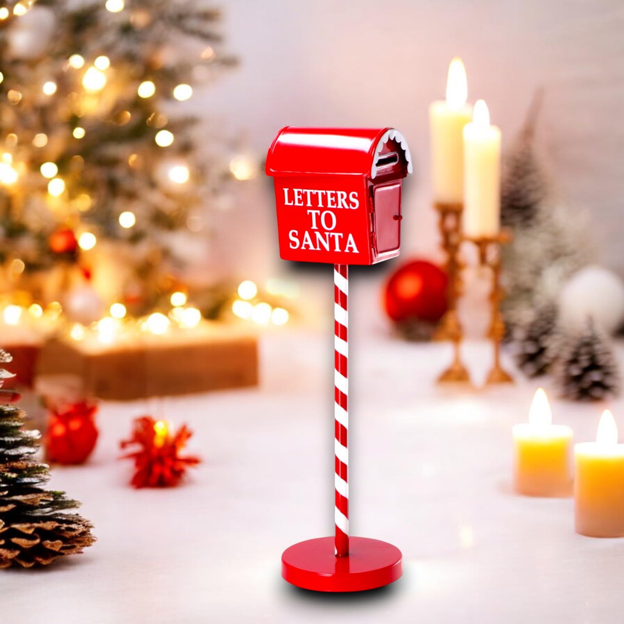 Cassetta della posta natalizia stand in metallo 50 cm, con Babbo Natale, Merry Christmas, decorativa, rossa, decorazione da terra per le vacanze, Natalizia in Metallo con Buca Lettere a scritte