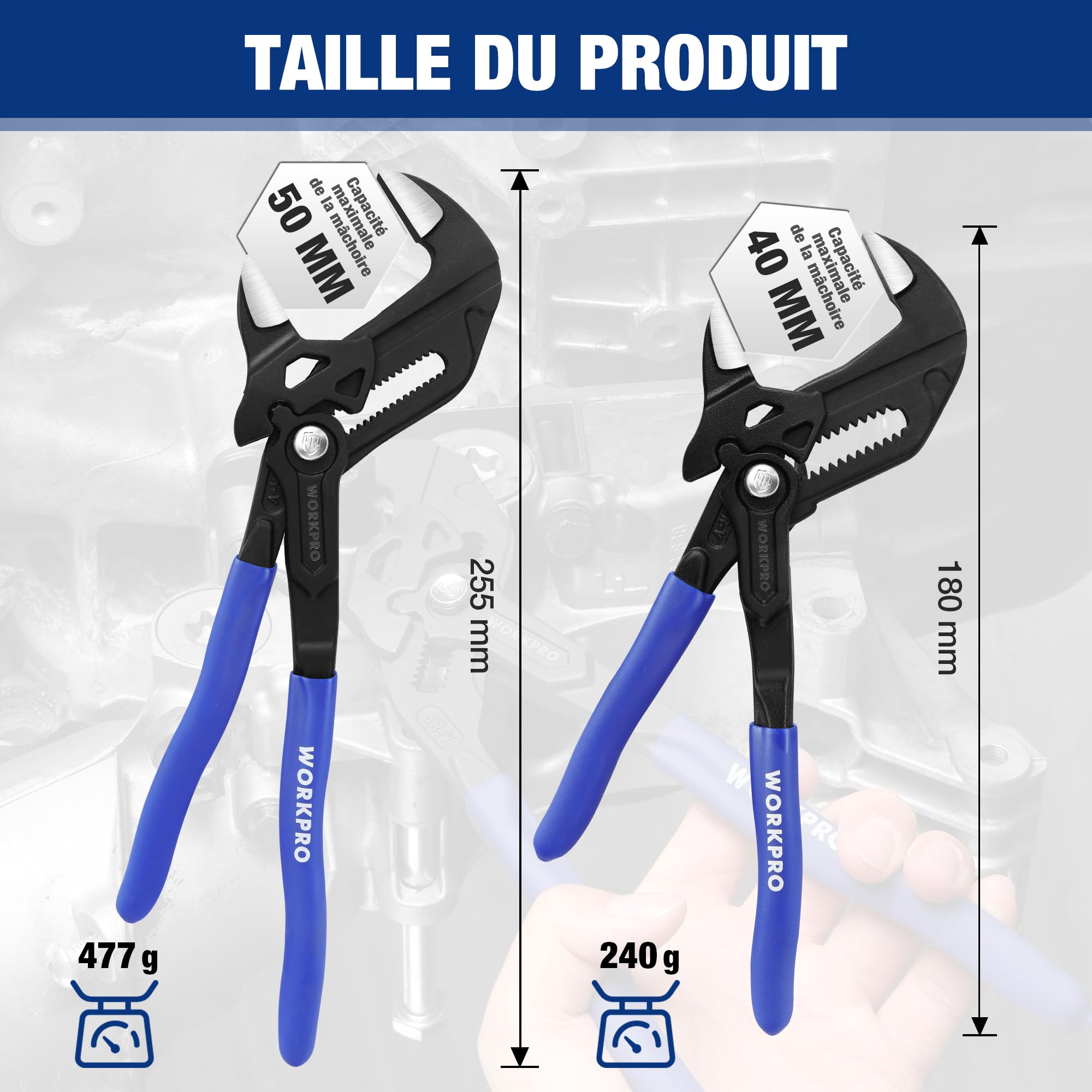 WORKPRO Jeu de 2 Clés à Pince 180 et 255 mm, Pince Multiprise en Acier Cr-V, Serrage Rapide, Ouverture Maximale de 40/50 mm, Polyvalente pour Serrage et Ajustement