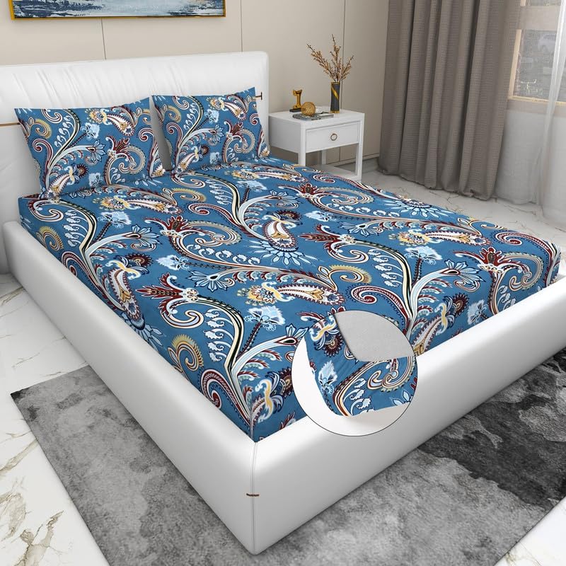 Geeta Homes Premium Cotton Feel Glace Cotton 210 Tc Elastic Fitted Bedsheets with 2 Pillow Covers Double Bed with Corner Elastic Floral Pattren |Size-72X68+ 6 Inches Homes 1503