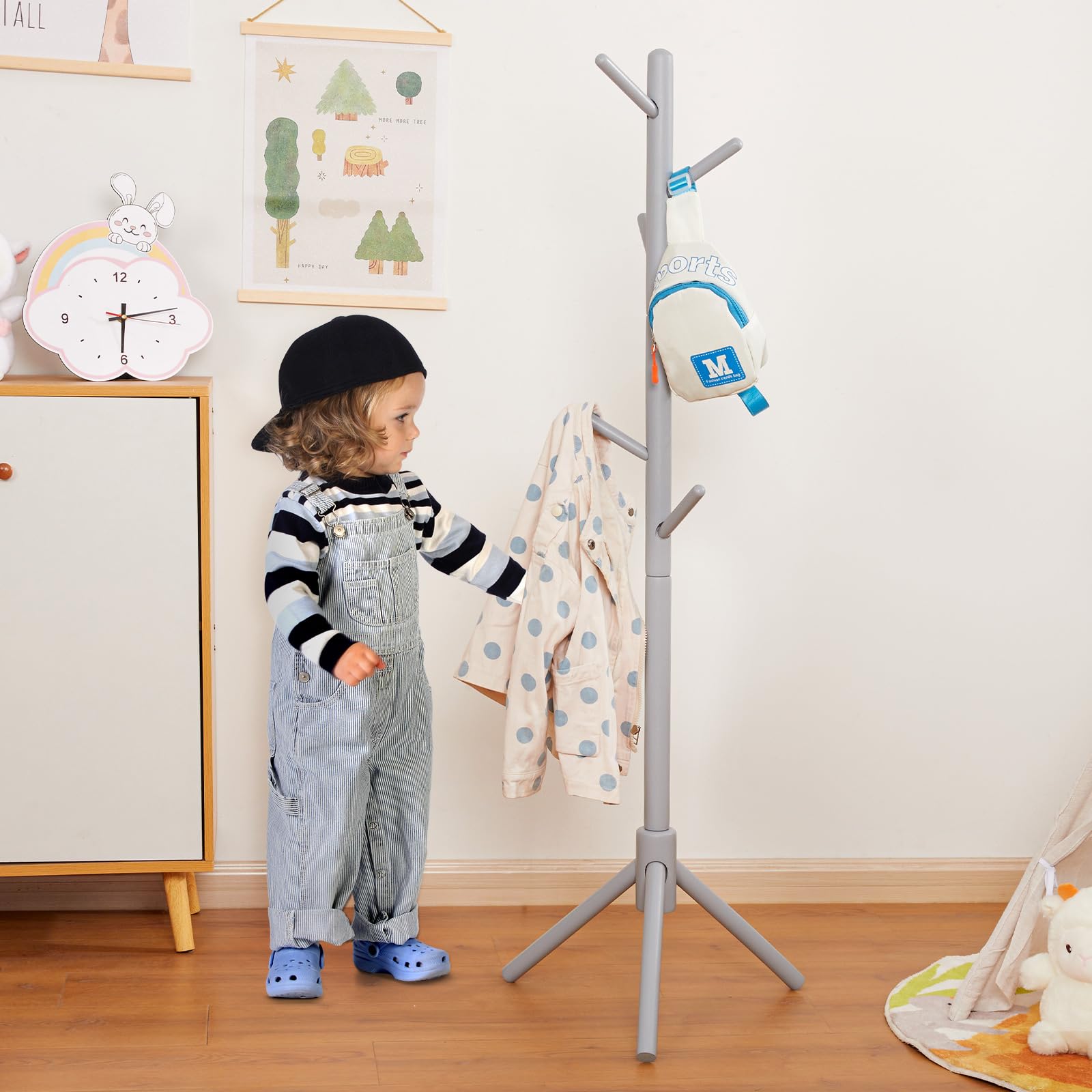 Kid's Coat Rack Stand Beech Wood Clothes Tree, Height Adjustable Freestanding Child Jacket Holder with 9 Hooks, Hanging Hats and Handbags, Hallway, Entryway,Bedroom, Easy Assembly(White)