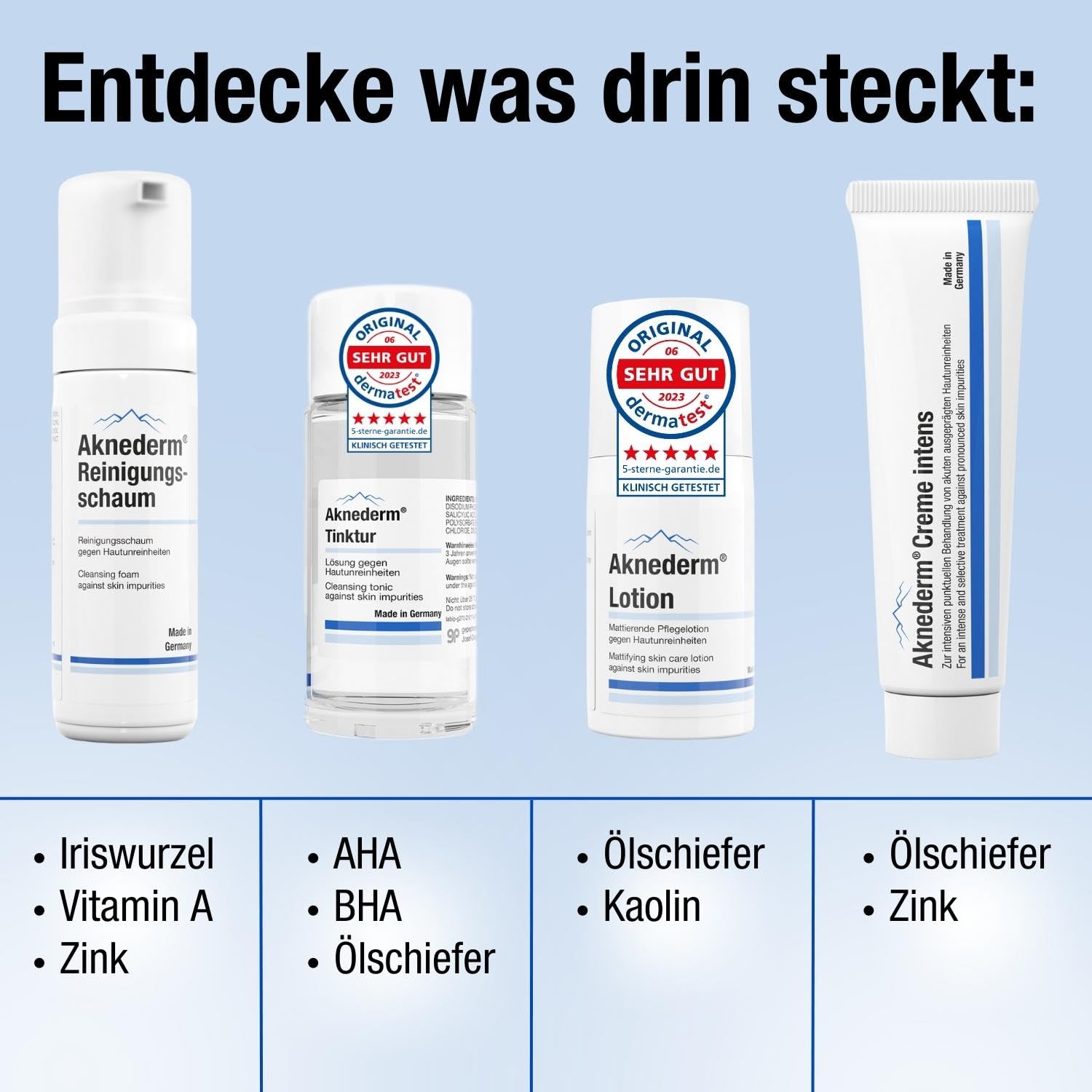 aknederm Premium Set intens für normale Haut - Set mit Tinktur/Reinigungsschaum/Lotion/Creme intens & Reinigungspads - natürliches Skincare Set - ideal zur Akne Behandlung 230ml