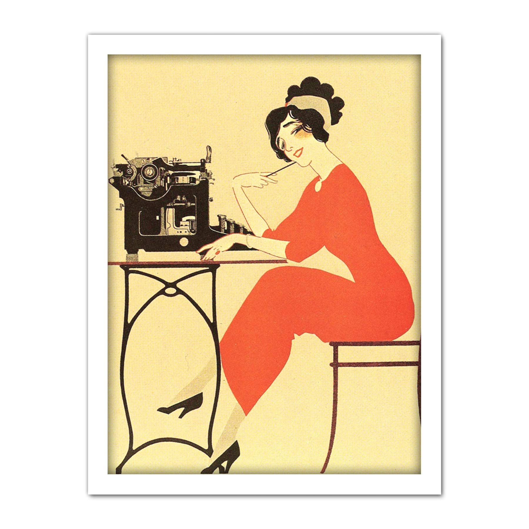 Wee Blue Coo Typewriter Woman Red Dress Writing Artwork Framed Wall Art Print 18X24 Inch