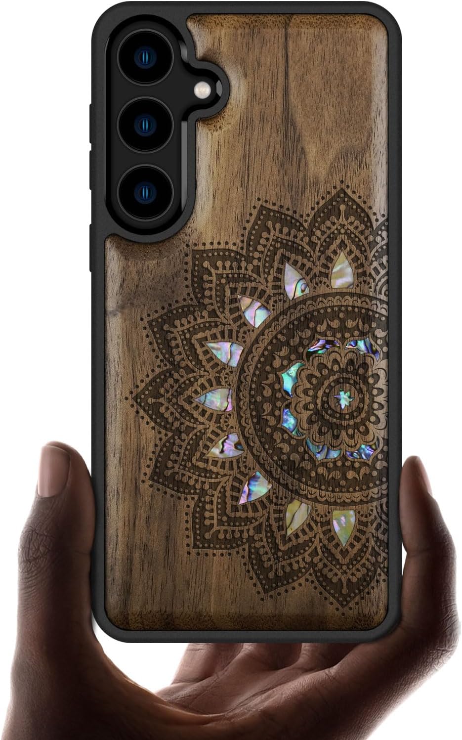 Carveit Designer Wooden Case for Samsung Galaxy S24 Plus Case [Wood Engraving & Shell Inlay] Compatible with Wireless Chargers S24 Plus Cover (Mandala Art-Walnut)