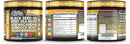 Miniatura 8 de Clean Nutra PharoGlo Aceite de semilla negra, musgo marino irlandés, Ashwagandha, raíz de bardana, vejiga  Mezcla de hierbas veganas con