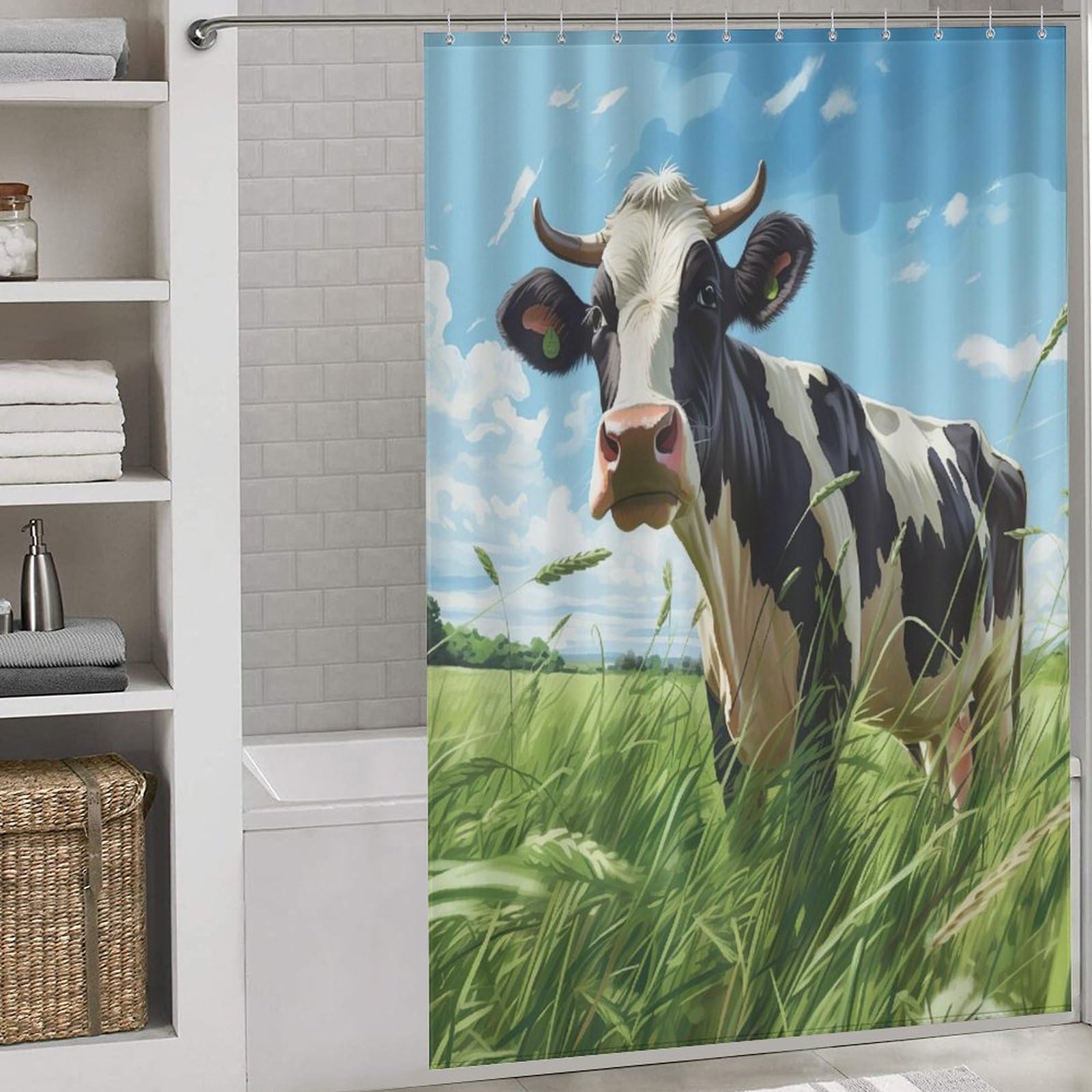 Rideau de douche vache 152x183 cm en polyester avec 12 anneaux