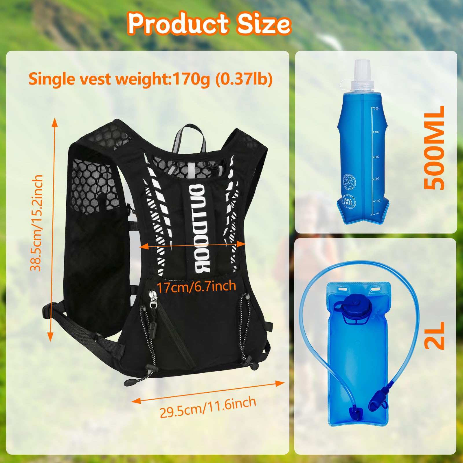 Chaleco Running, Mochila de Correr para Hombre y Mujer, Mochila Hidratación Ligero con Bolsa Agua 2L & Botella 500ml, Chaleco Hidratación Trail para Correr Trail Marathoner Running