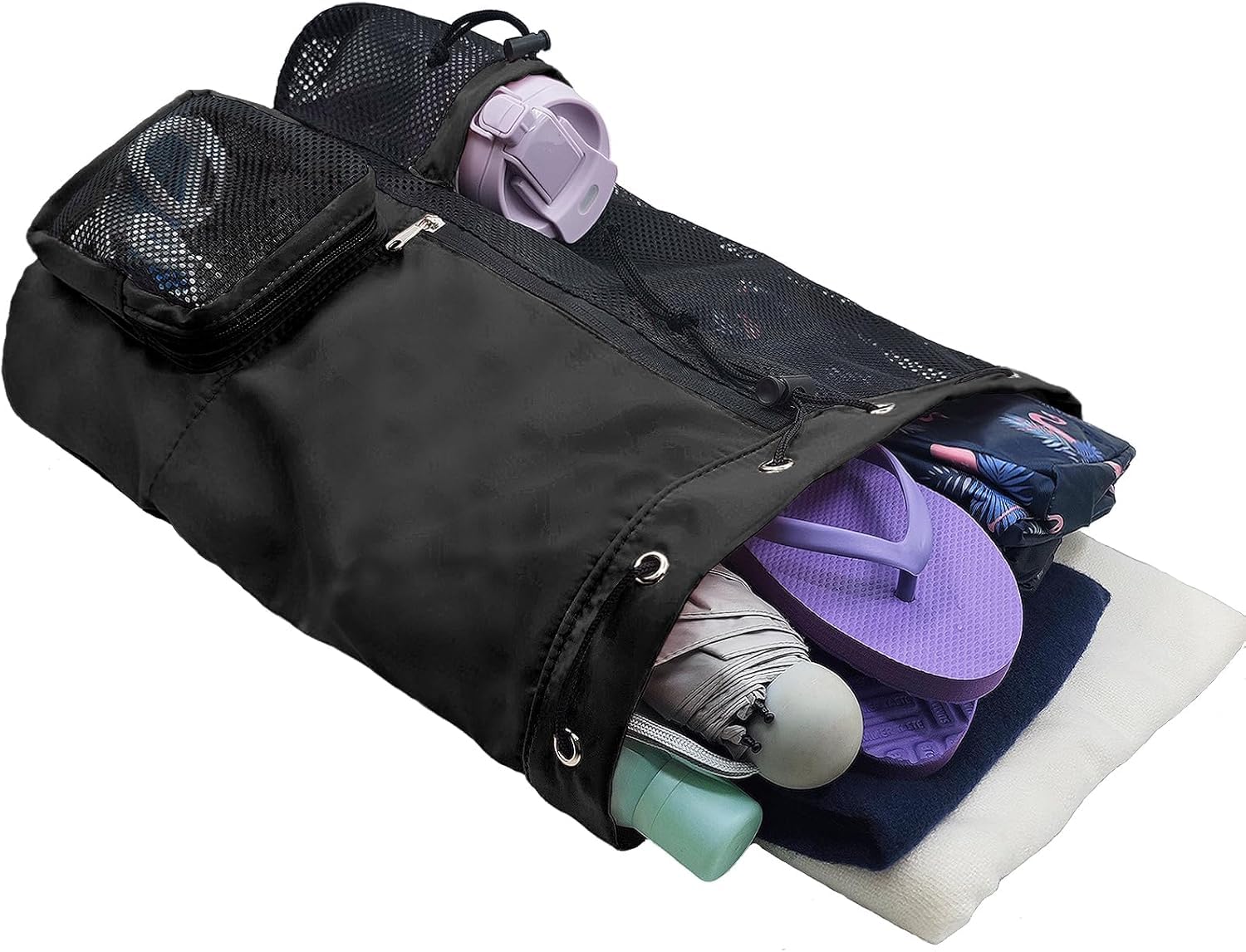 Mochila de playa de malla con bolsillo húmedo con cordón, bolsa de piscina, bolsa de natación, gimnasio, mochila para hombres y mujeres
