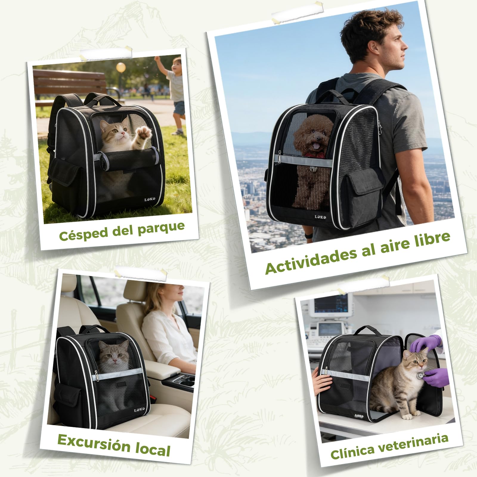 Lekesky Mochila para Gatos Transportín Perro Gato para Mascotas Medianas/Pequeñas (2-8 kg), Mochila Gato con Ventana de Malla para Senderismo, Viajes, Exterior (Negro, M)