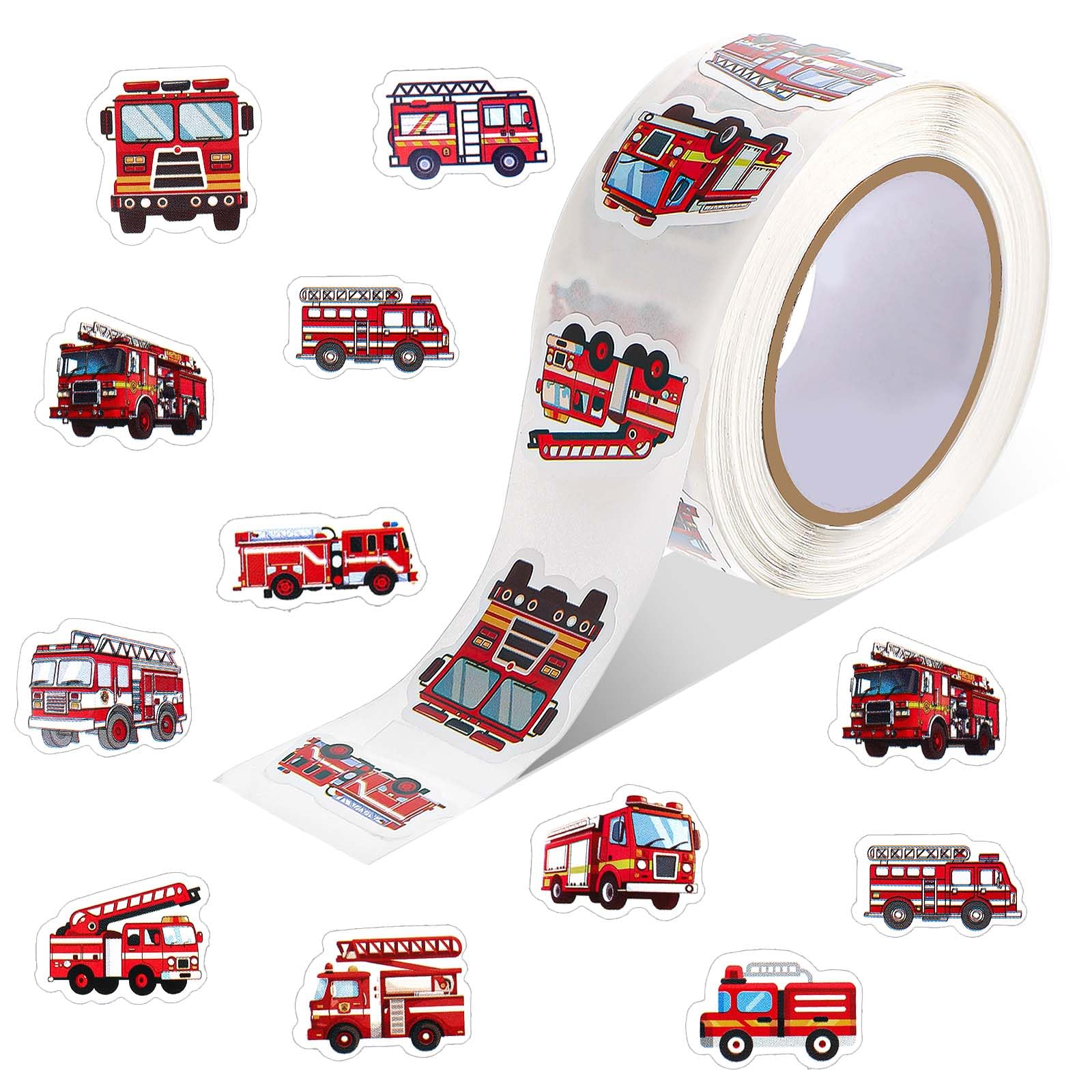 500PCS Fire Truck Stickers, Self Adhesive Waterproof Fire Car Engine Vehicles Sticker Firefighter Stickers Firetruck Sticker Roll Firefighting Party Favors for DIY Craft Reward Incentives