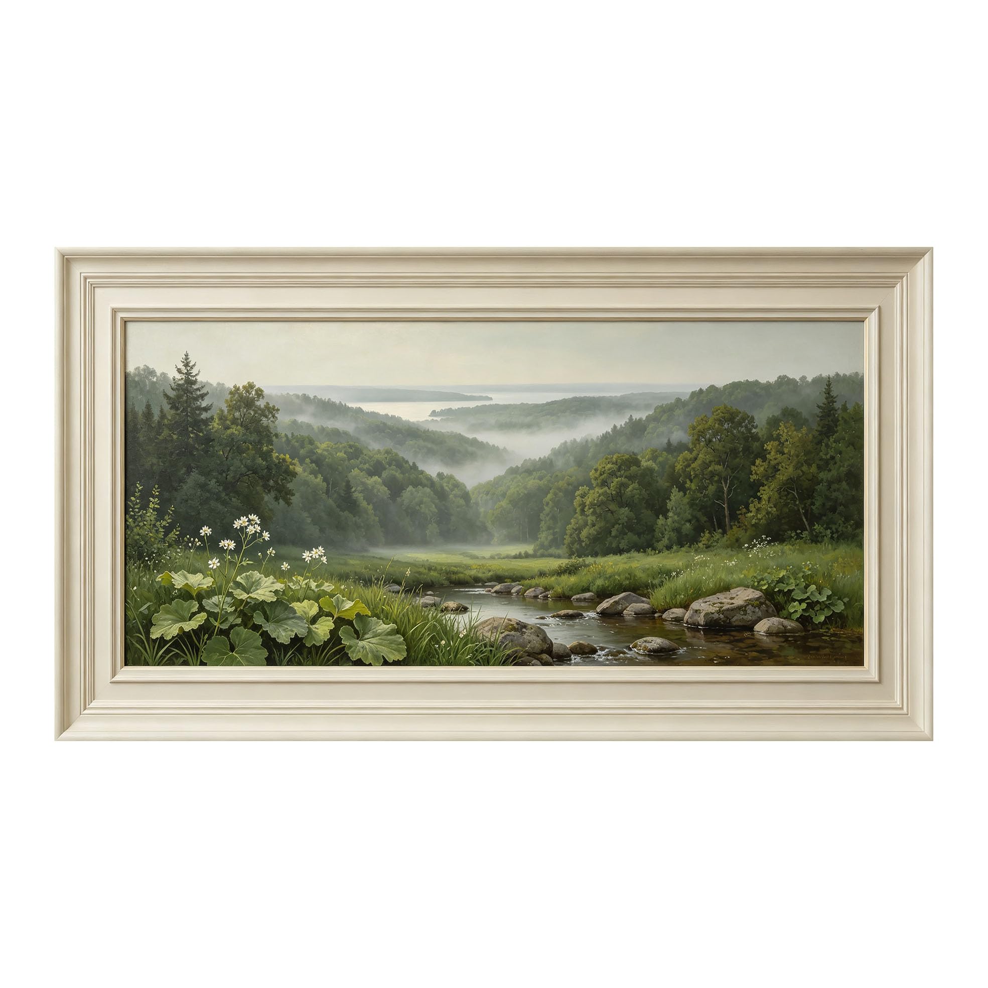 Yzpallescene 3D Framed Wall Art 50cm×100cm Panoramic Misty Meadow Lake Landscape Impressionist Oil Painting Large Size SelfAdhesive Removable Wall Decor Prints Artwork for Living Room Bedroom Office