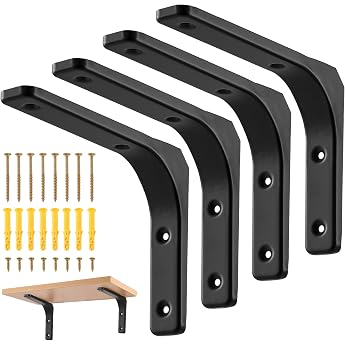 4 x Shelf Brackets Shelf Brackets Heavy Duty Angle 90 Degree Metal Black Triangular Wall Brackets Angle Brackets Wall Mounting 200 x 150 mm 50 kg Load Capacity per Pair