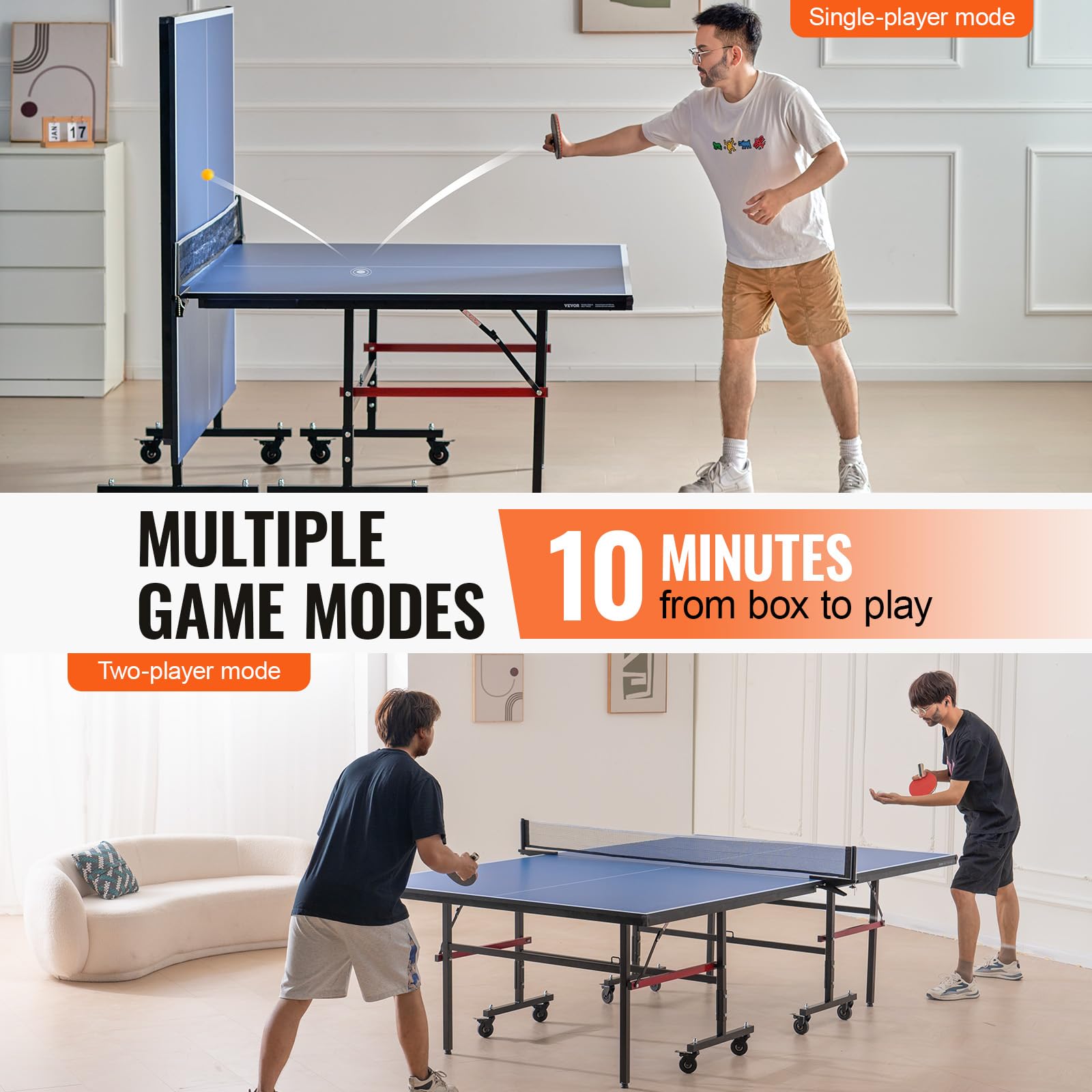 VEVOR Table de ping-pong pliable MDF 18 mm avec filet à serrage rapide et roues verrouillables