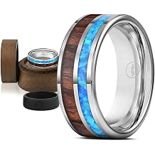 Gentlemen's Bands Men's Silver Tungsten Carbide Wedding Band - Premium Grade Tungsten Ring With Blue Opal & Koa Wood Inlay - Includes Silicon Band, Leather Drawstring Pouch, Luxury Walnut Ring Box