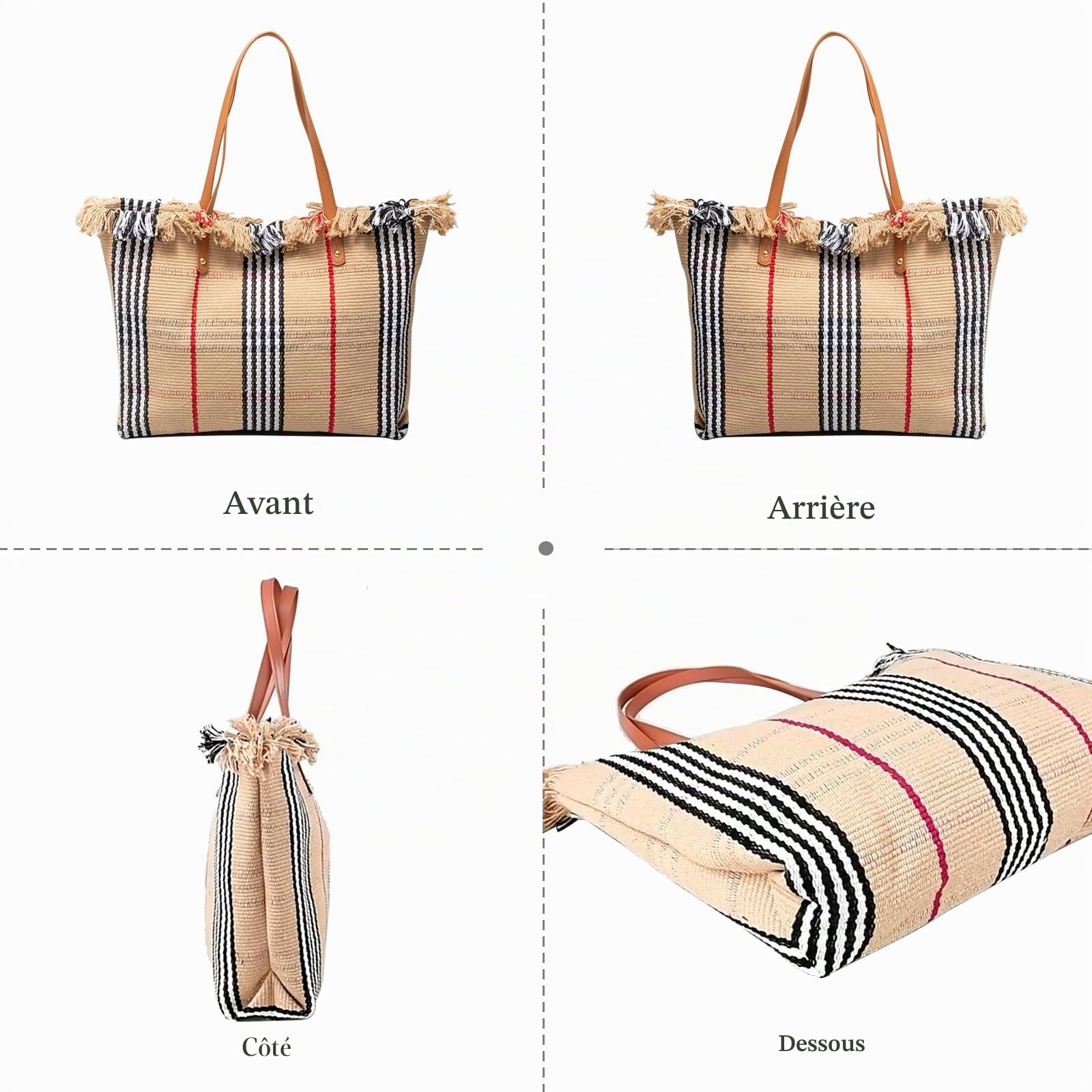 CORIOS Sac à Main Femmes Grande Capacité Sac de Plage Sacs Portés Épaule en Toile Occasionnel Sac Fourre Bohème Sacs Cabas Leicht Sac D'épaule avec Glands pour Plage Vacances Rayures Kaki et Noires