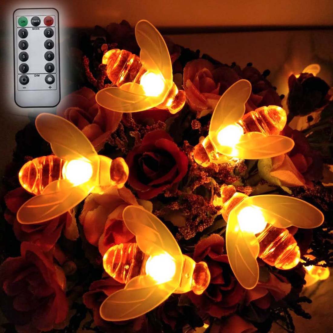 Bee String Lights, 20 LED 7.5Ft Honeybee Battery Power Led String Lights 8 Lighting Mode with Remote Control for Party,Wedding,Xmas,Decoration,Gardens,Patios